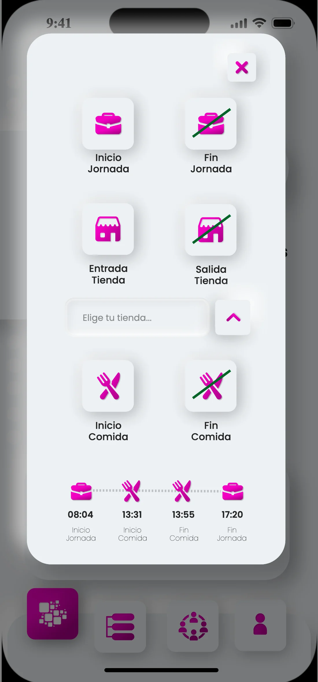 Pantalla de fichaje: seis botones para inicio y fin de jornada, entrada y salida de tienda e inicio y fin de comida