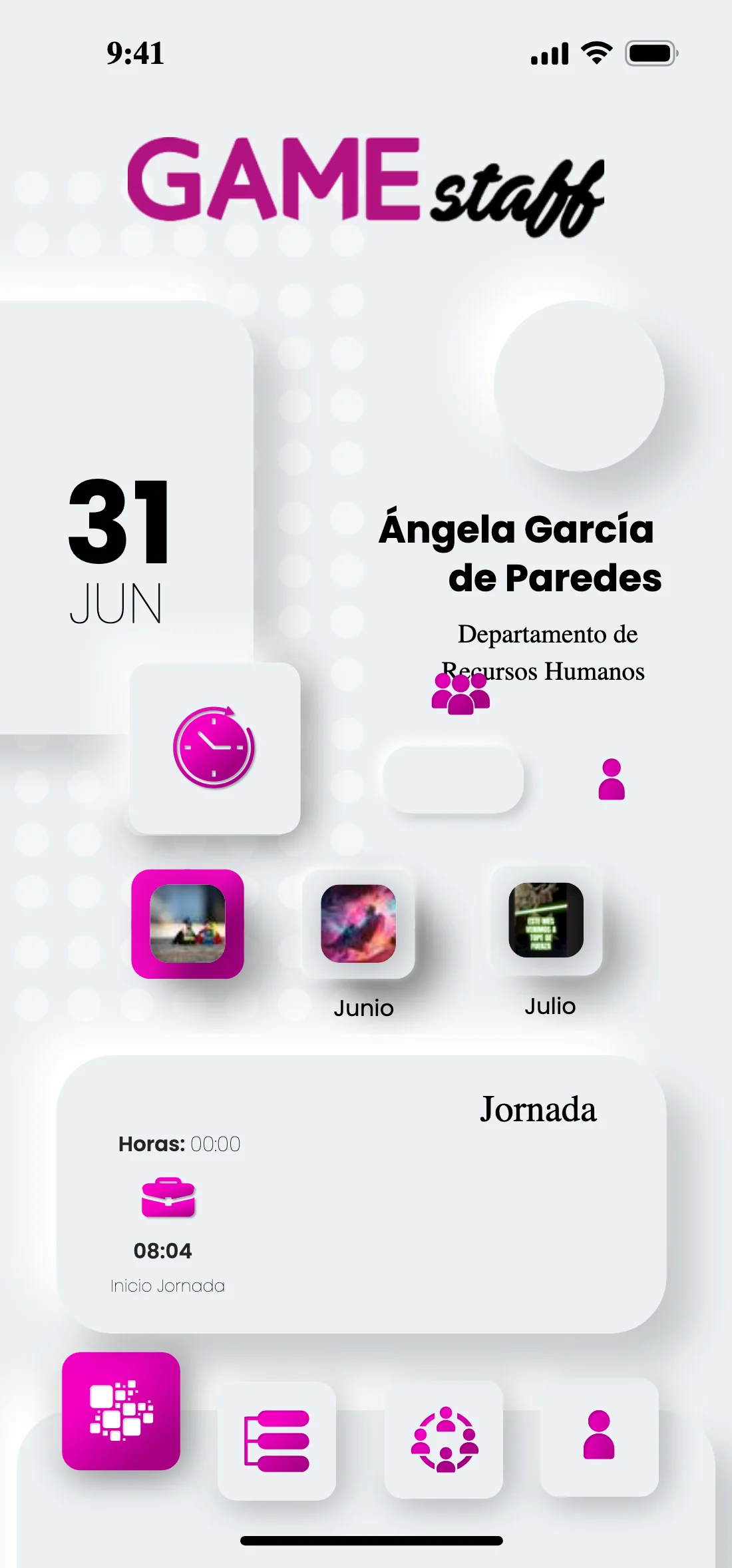Home de la app: fecha, identidad, el botón de fichaje y el resumen de la jornada