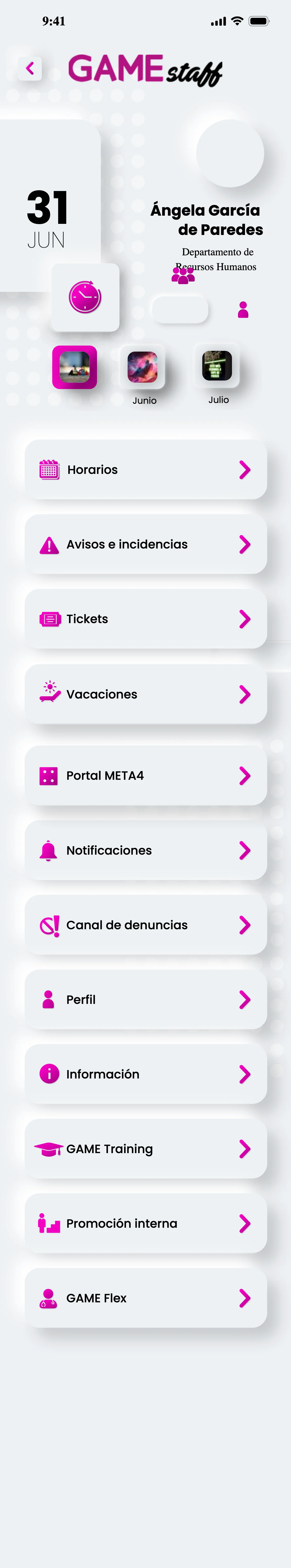 Menú completo de funcionalidades de la app, con las doce entradas
