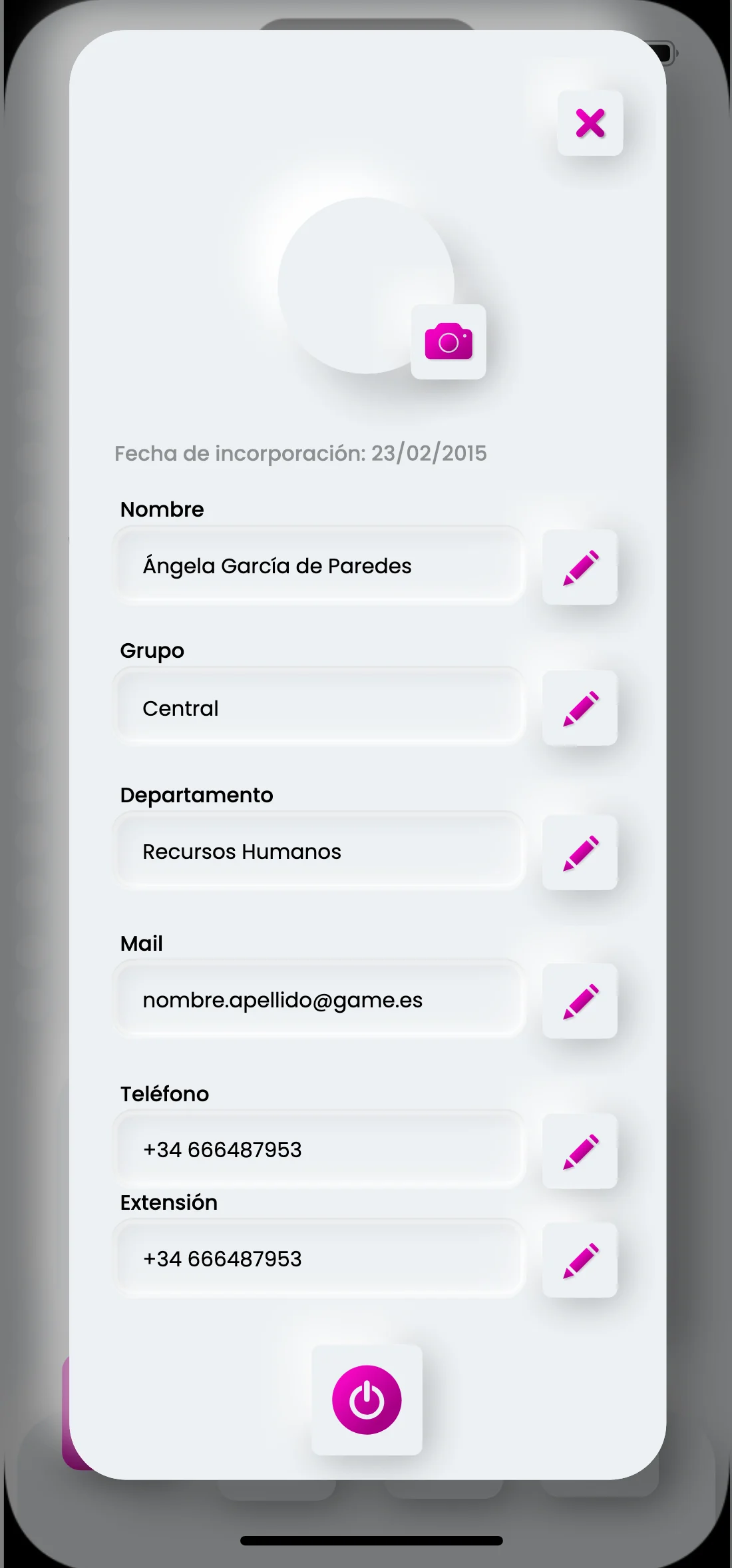 Perfil del empleado con sus datos editables campo a campo
