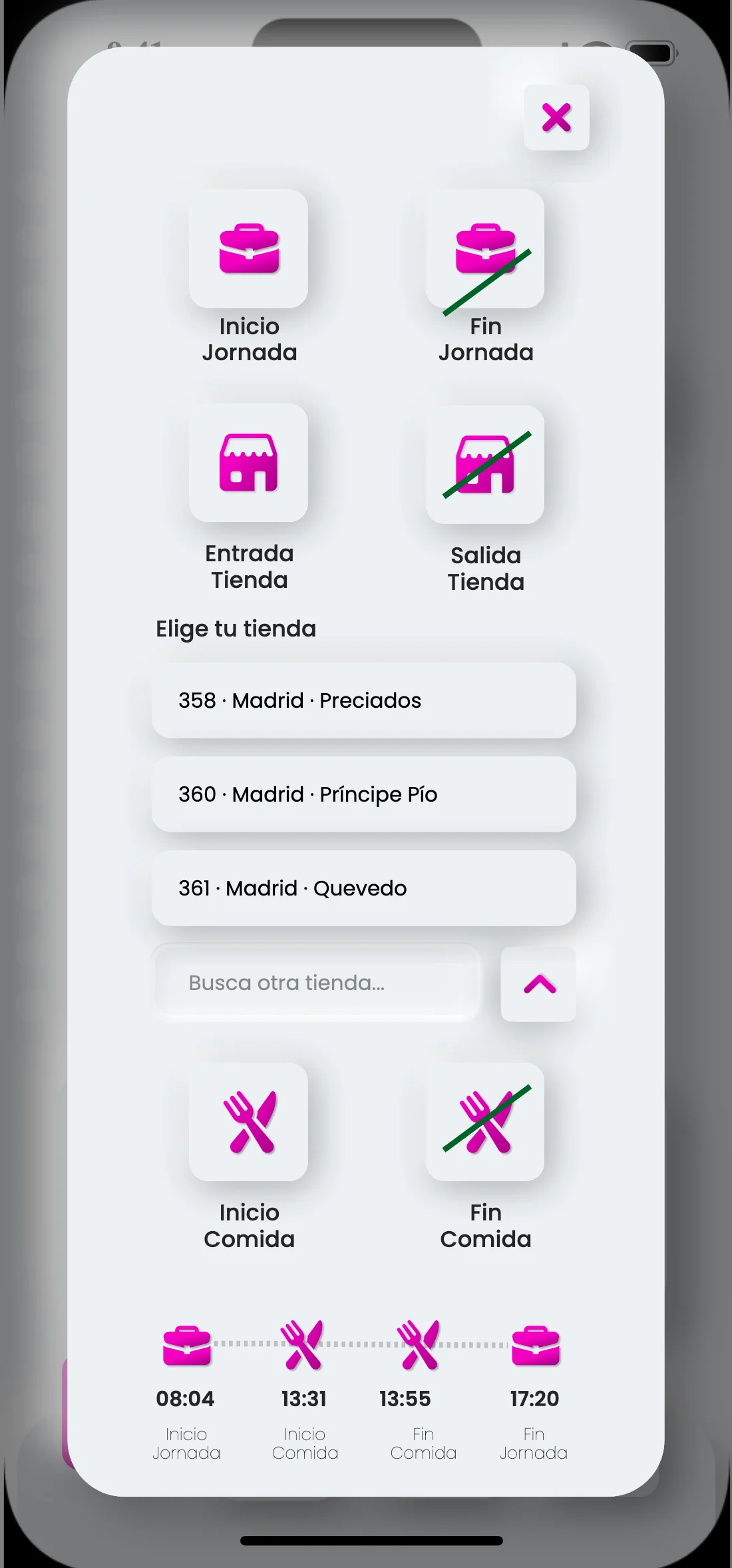 Elegir tienda dentro del fichaje, con buscador y las tiendas listadas por código y calle