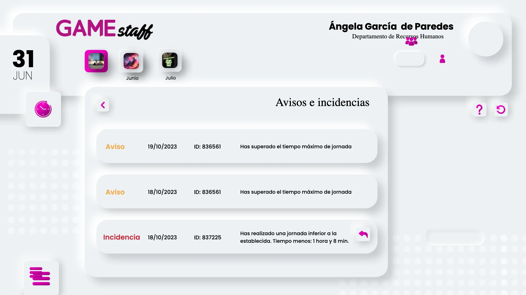 Vista de avisos e incidencias en forma de tabla, con la severidad marcada a la izquierda
