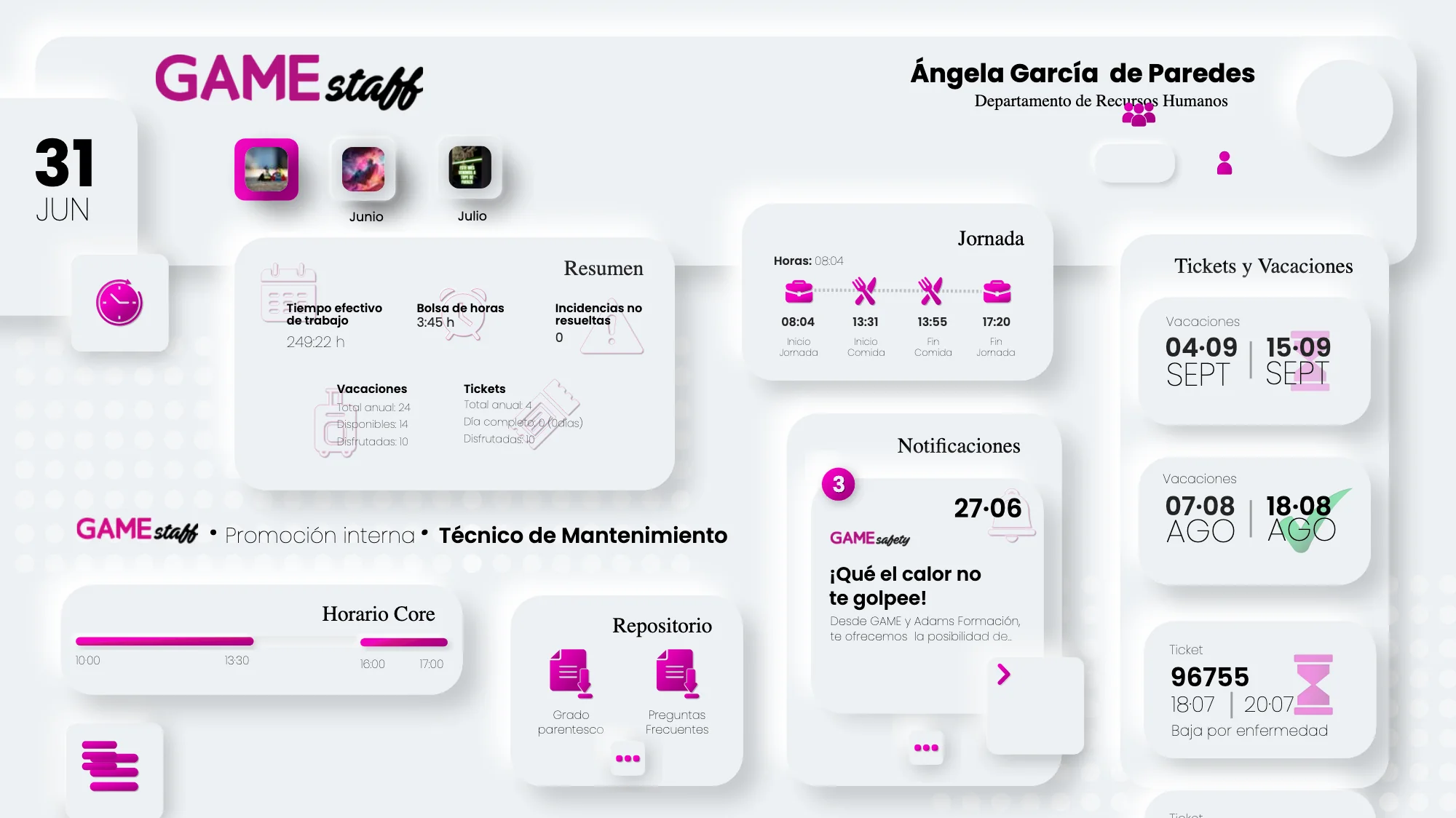 El panel principal a 1366 px: jornada en curso, estado del equipo por oficina, teletrabajo y vacaciones, y las tarjetas de tickets, incidencias y vacaciones