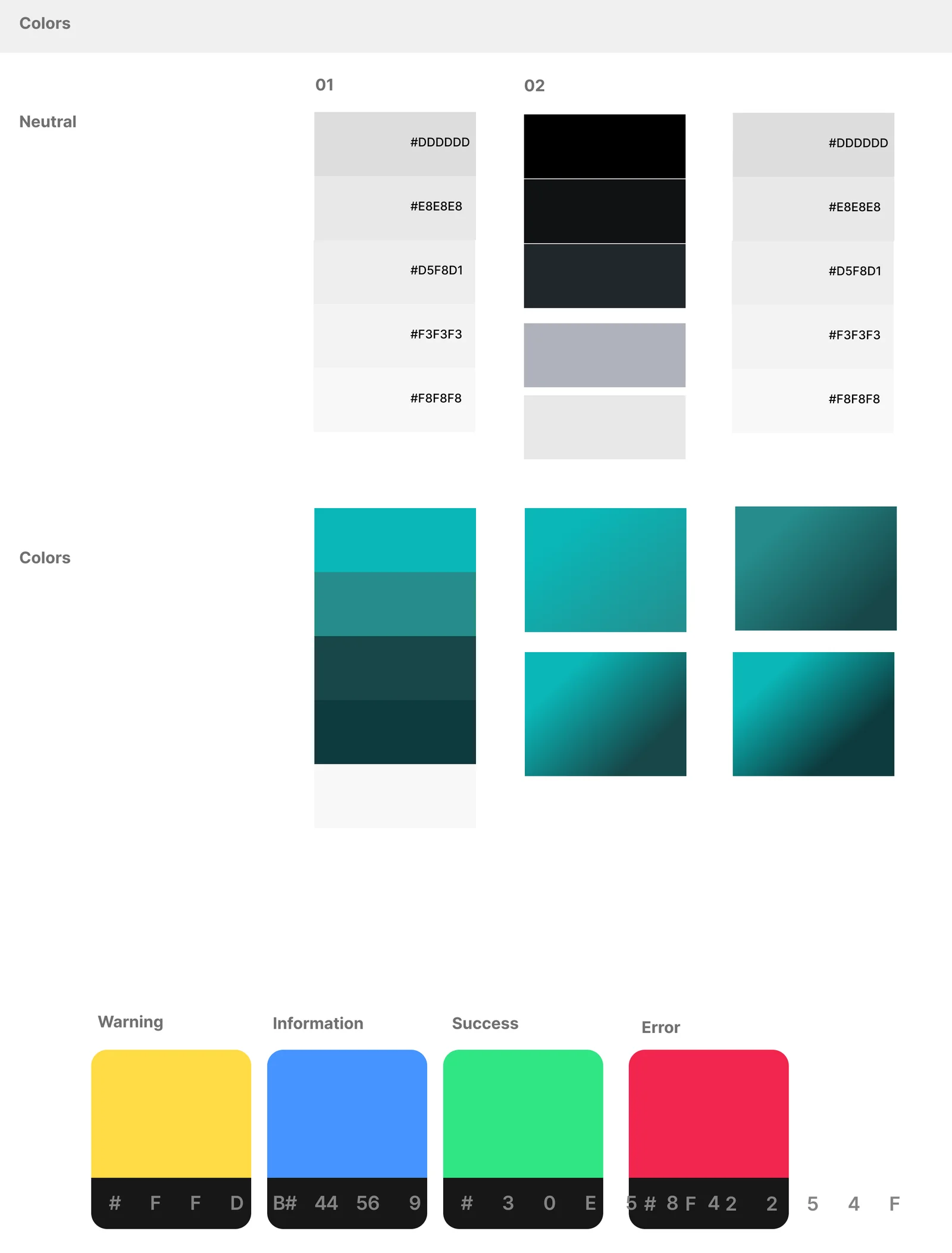 Tablero de color del sistema: escala de neutros claros, escala de neutros oscuros, escala teal con sus degradados y los cuatro colores de estado con sus valores