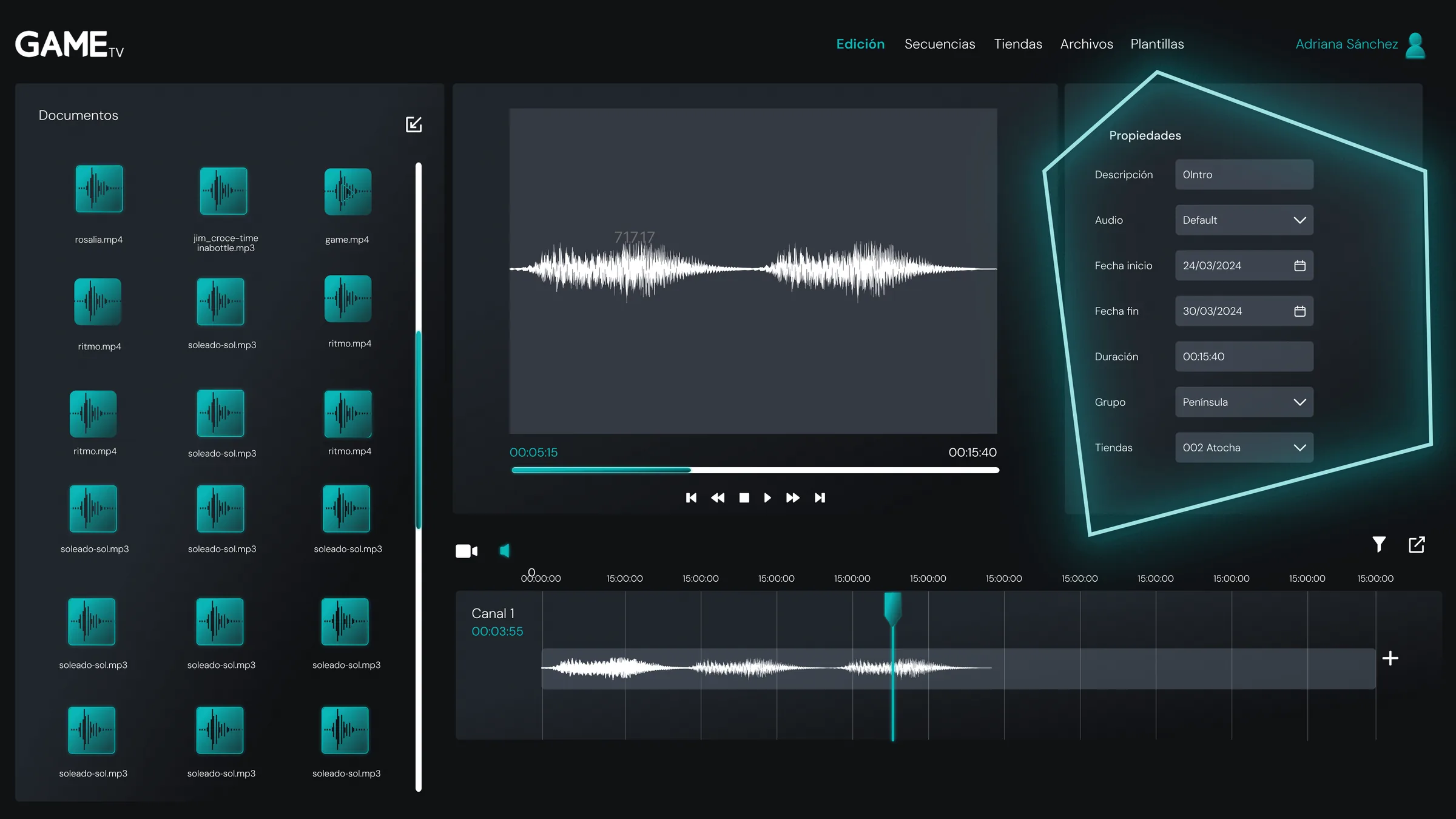 El editor en modo audio: la forma de onda del archivo en la previsualización y su pista en la línea de tiempo del canal