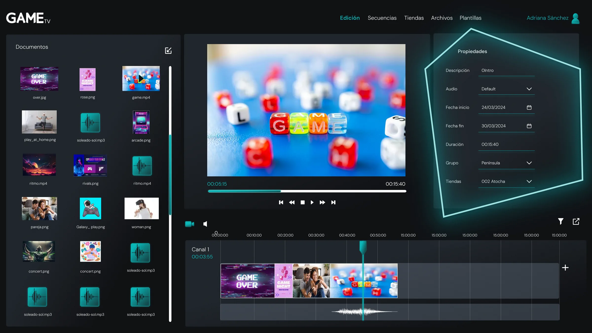 El editor con el panel de propiedades destacado por un trazo de neón: descripción, audio, fechas de inicio y fin, duración, grupo y tienda del clip