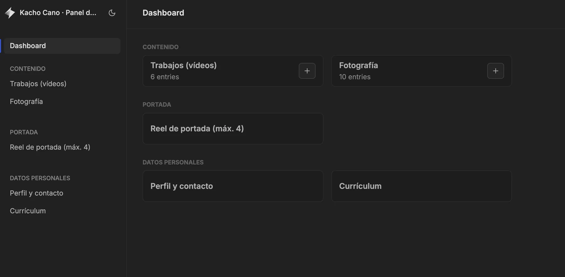 Dashboard of the Kacho Cano admin panel, with sections for work, photography, home-page reel, profile and CV