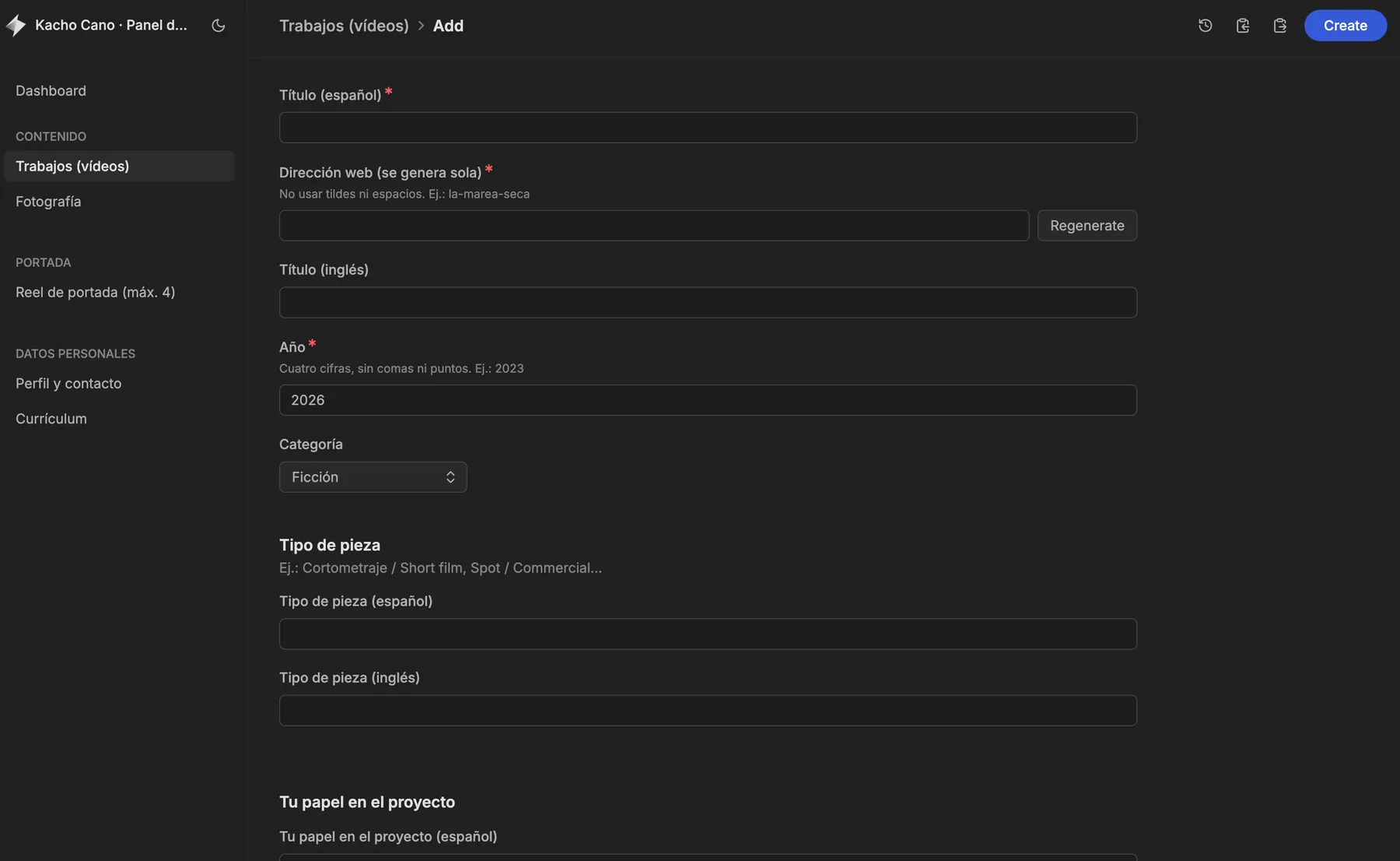 Form for adding a new piece of work, with titles in Spanish and English, an auto-generated web address, year and category