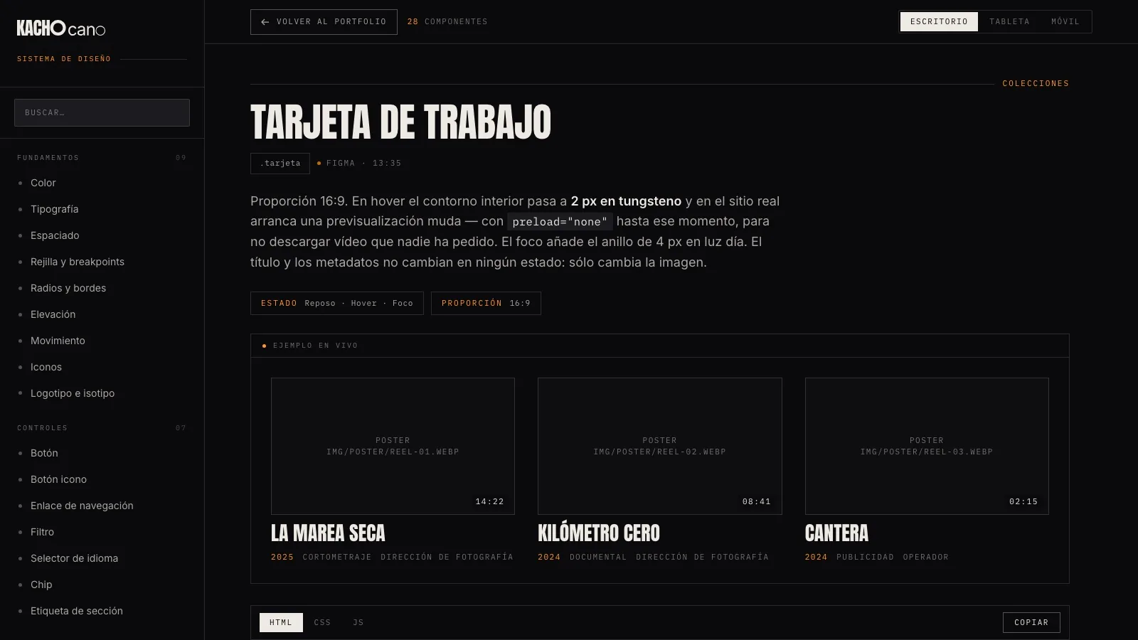 La web de documentación del sistema de diseño de Kacho Cano