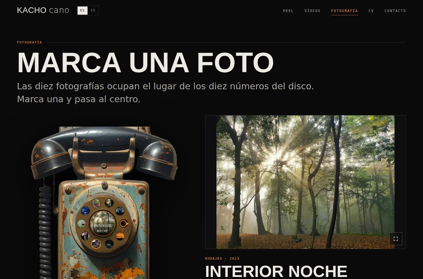 The photography section of the Kacho Cano site, with the rotary dial