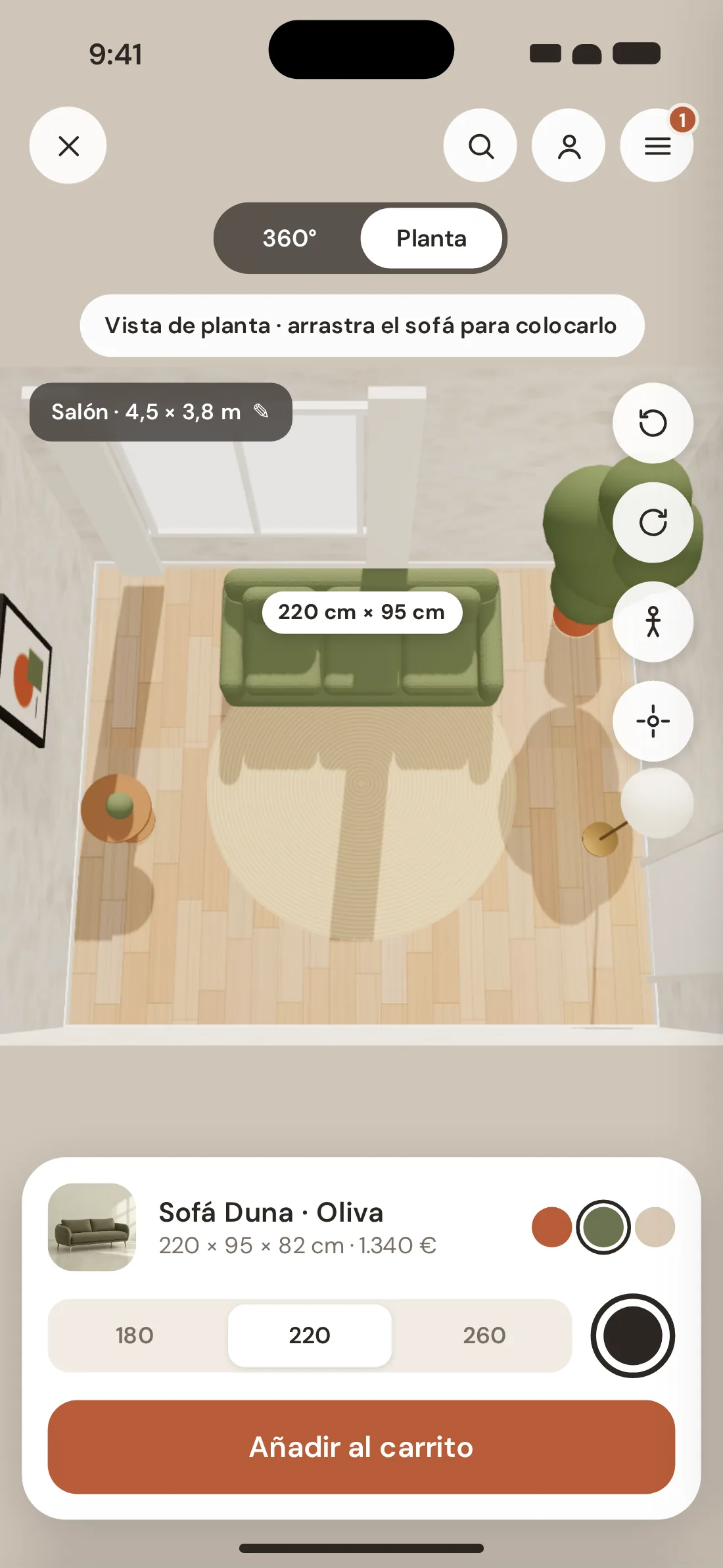 AR viewer in floor plan: the living room from above with the sofa and the surrounding furniture