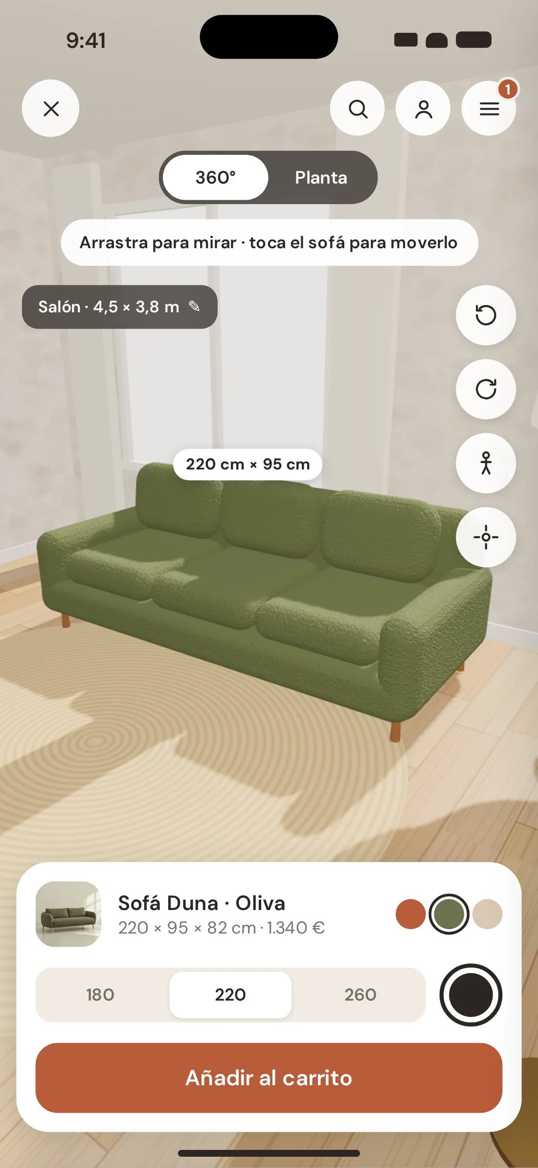 AR viewer in 360°: the olive sofa to scale in the living room, with its dimensions and rotation controls