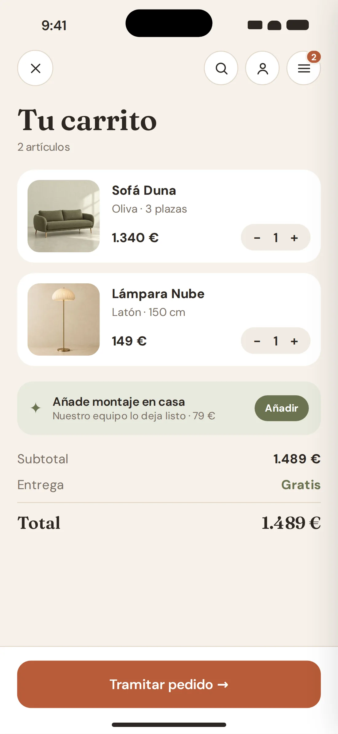 Cart with the sofa and the lamp, the home assembly suggestion and the summary