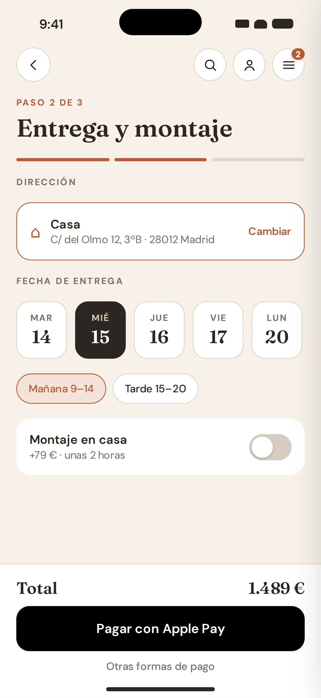 Checkout: address, delivery date, time slot, home assembly and Apple Pay