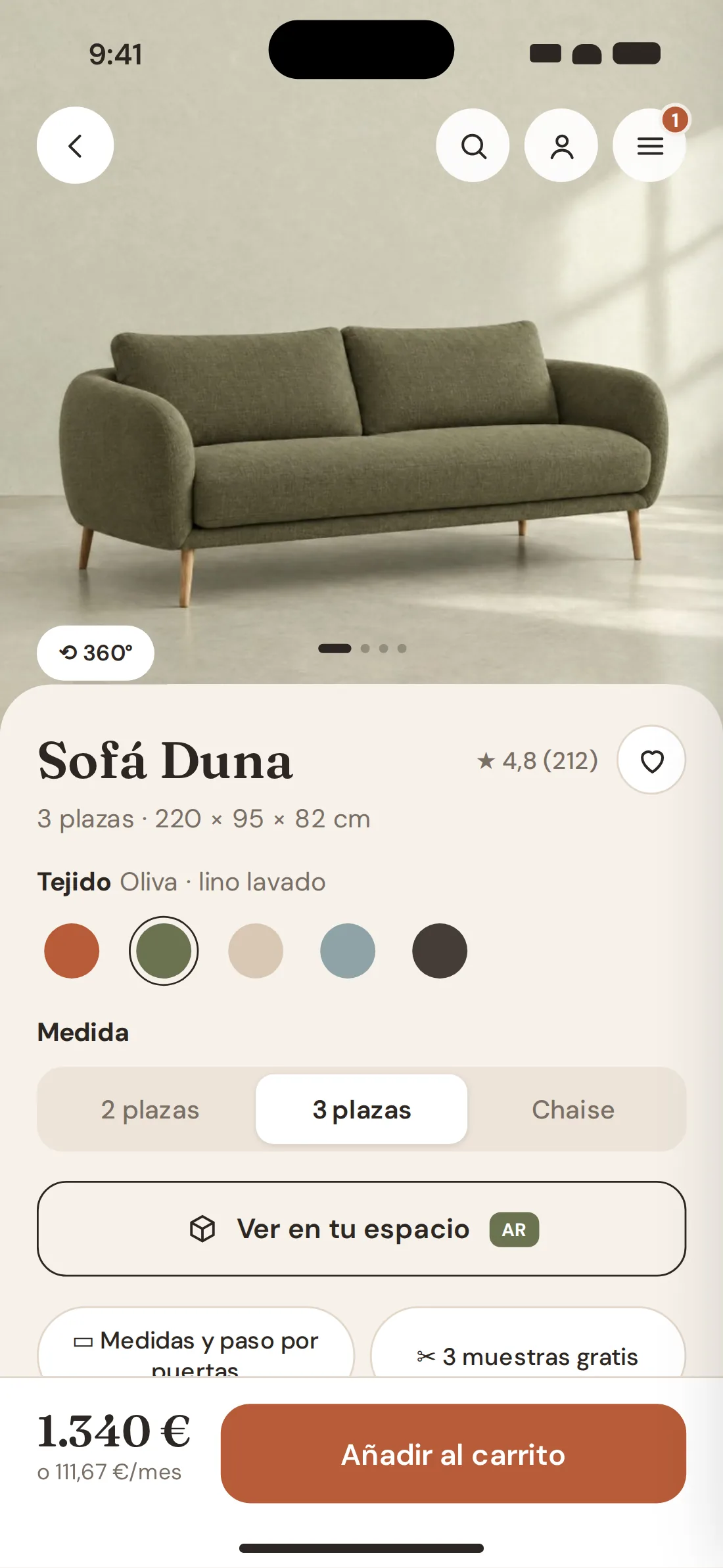 Duna sofa page in olive: five fabrics, size, AR button, dimensions and swatches, price with monthly instalment