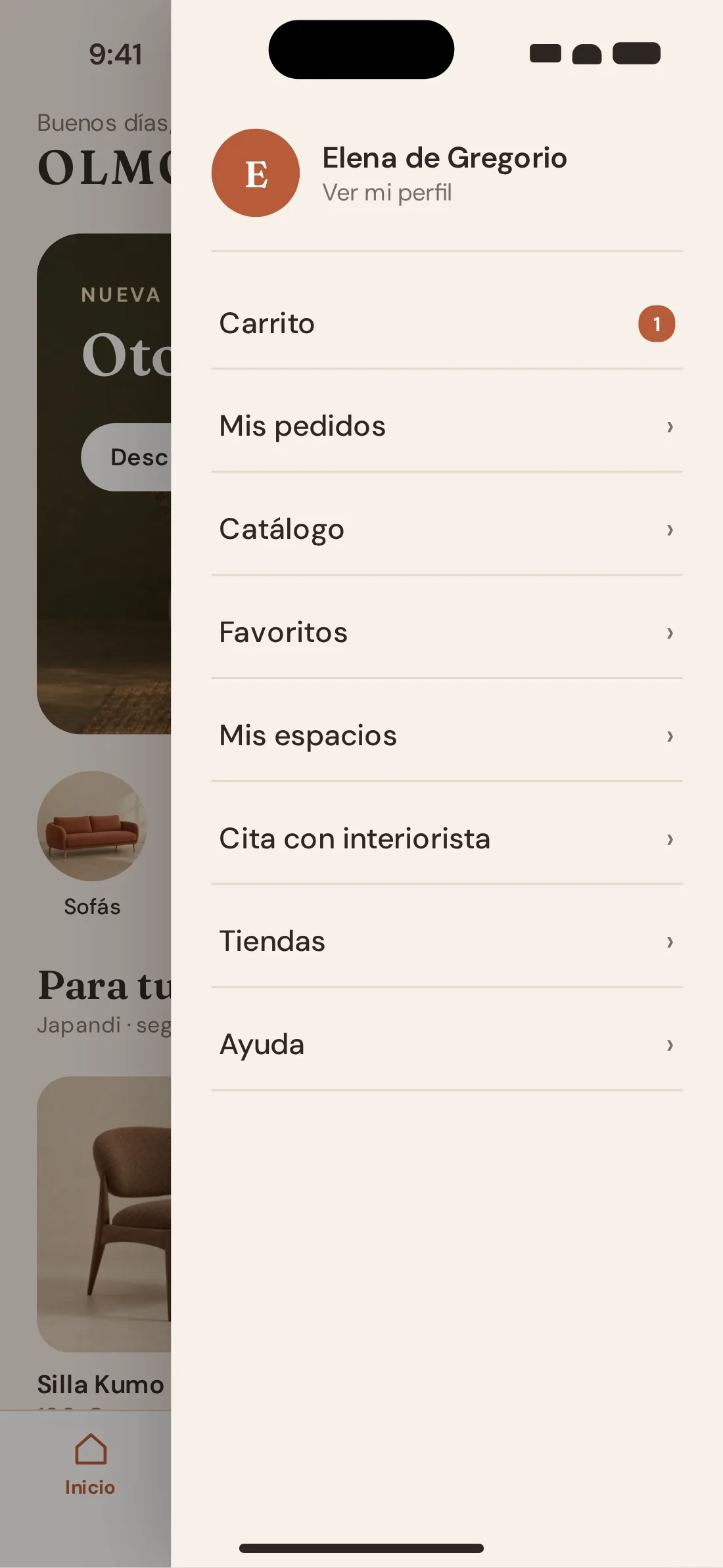 Side menu with the cart and its counter, orders, catalogue, favourites, spaces, designer appointment, stores and help