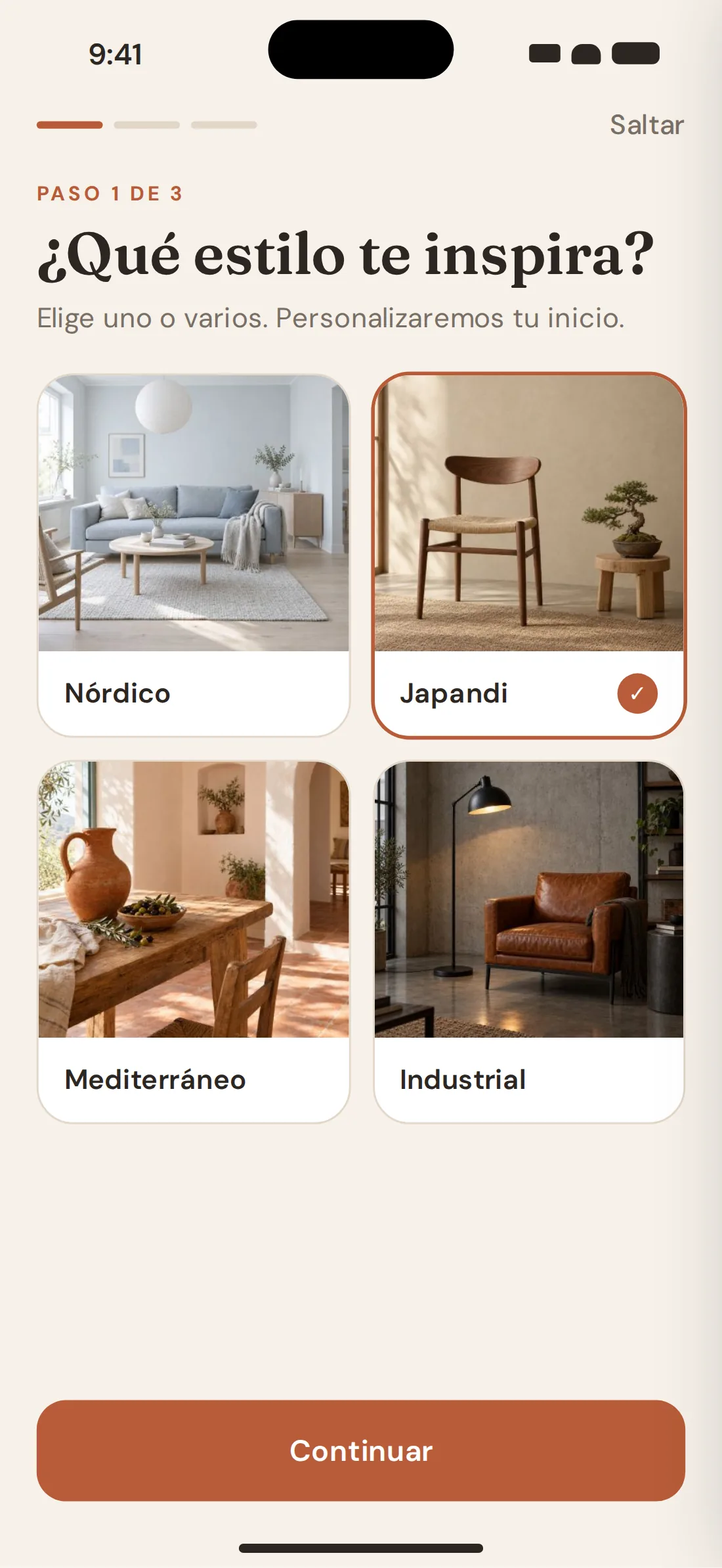 Onboarding: pick your style among Nordic, Japandi, Mediterranean and Industrial