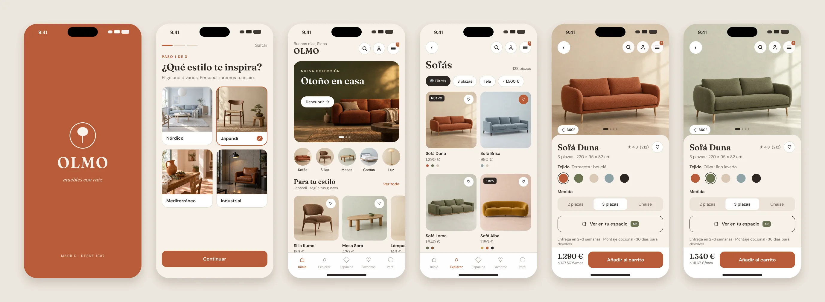 Splash, onboarding, home, sofa list and the Duna sofa page in terracotta and olive