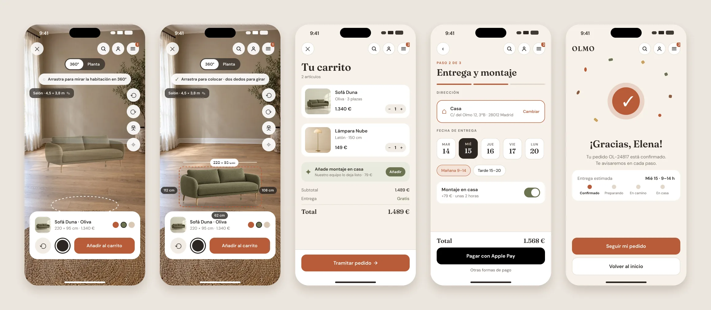 AR viewer detecting the floor and with the sofa placed, cart, delivery and assembly checkout and order confirmed