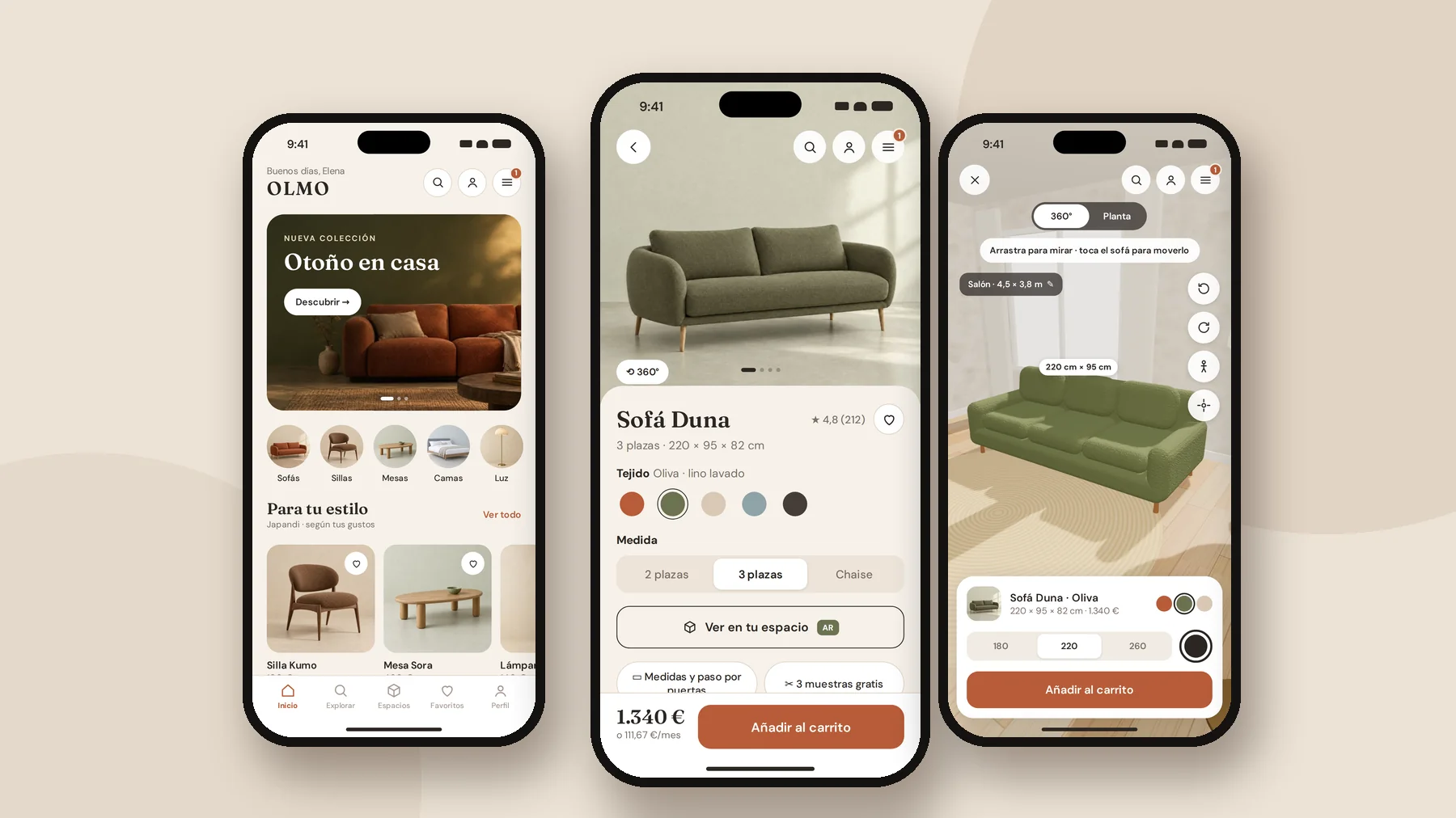 Three screens of the Olmo app: home, the Duna sofa page and the augmented reality viewer