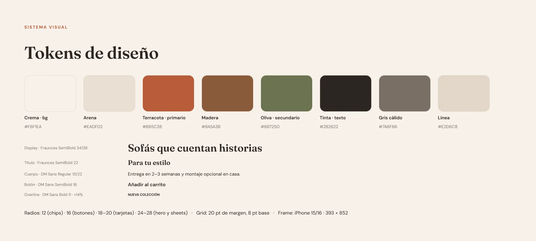 Token board: eight colours with their codes, five text styles and the radius and grid rules