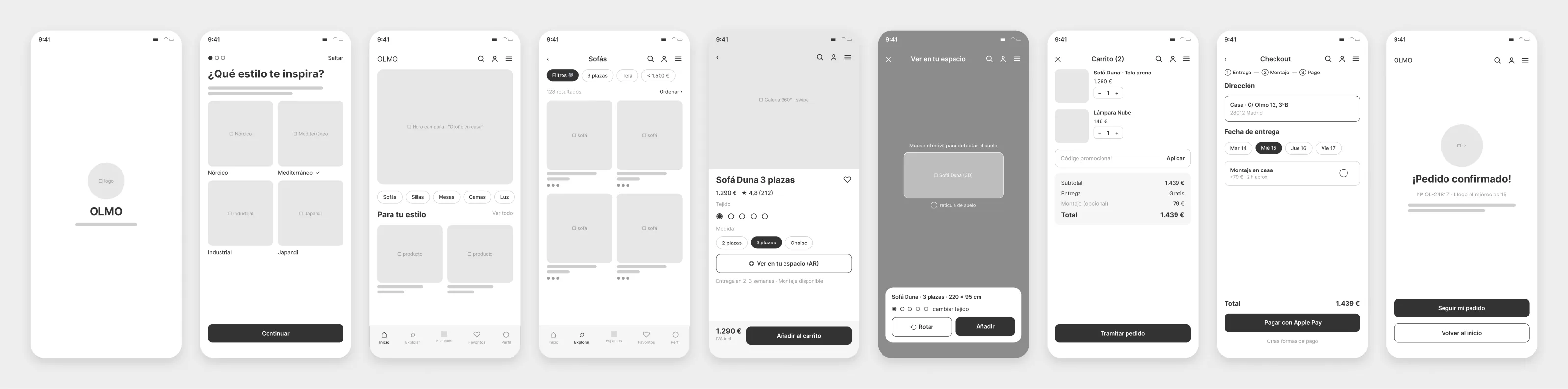 Nine grey wireframes: splash, onboarding, home, list, product page, AR, cart, checkout and confirmation