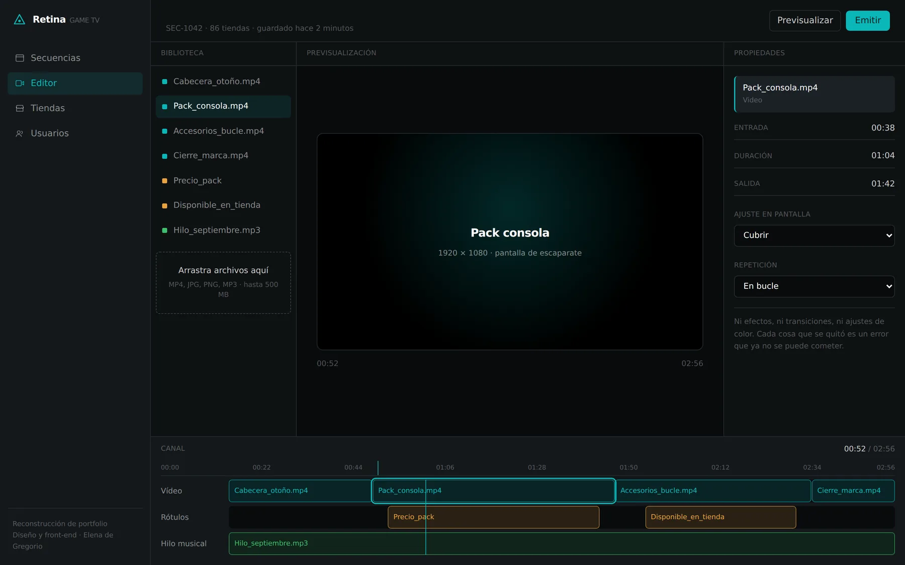 The Retina sequence editor rebuilt in Next.js, with its timeline