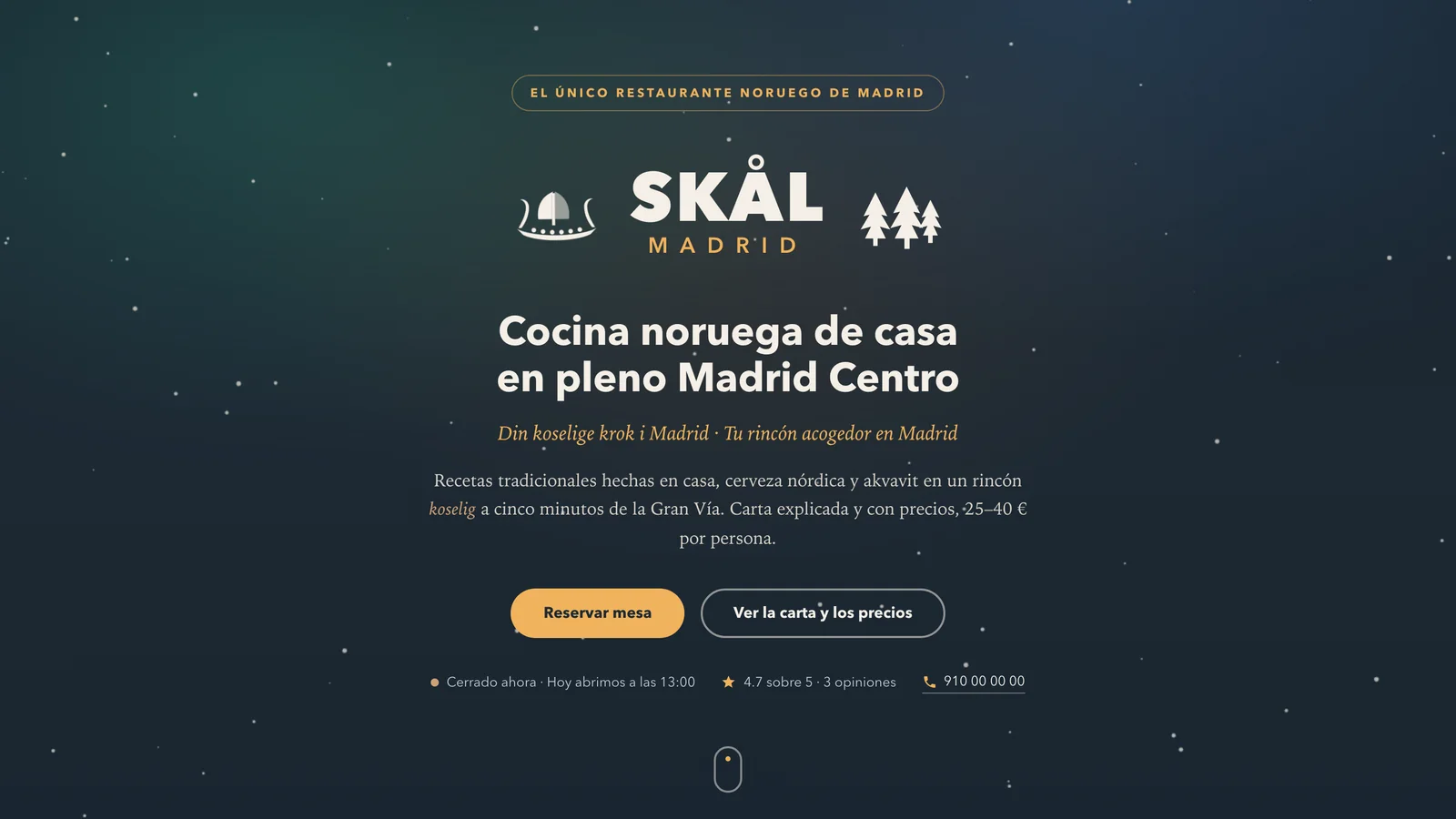 The SKÅL Madrid home page, with the sign against a starry sky and the buttons to book a table and see the menu