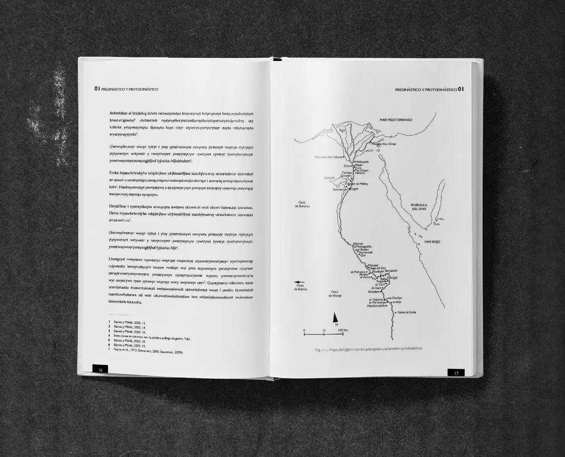 Spread with the map of Egypt drawn in Illustrator, marking the predynastic sites