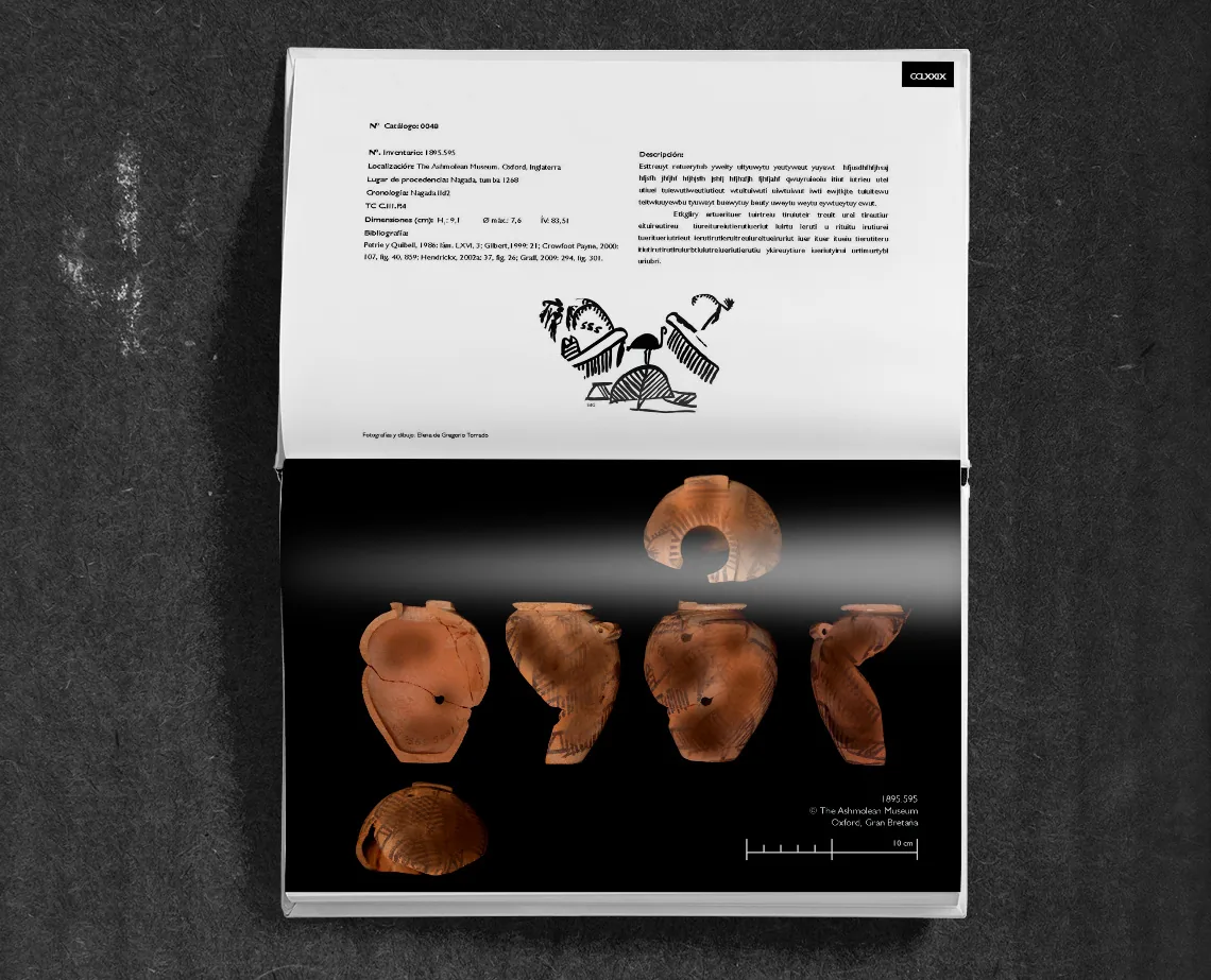 A catalogue plate: the record for the piece and the vessel shot from four viewpoints with a graphic scale
