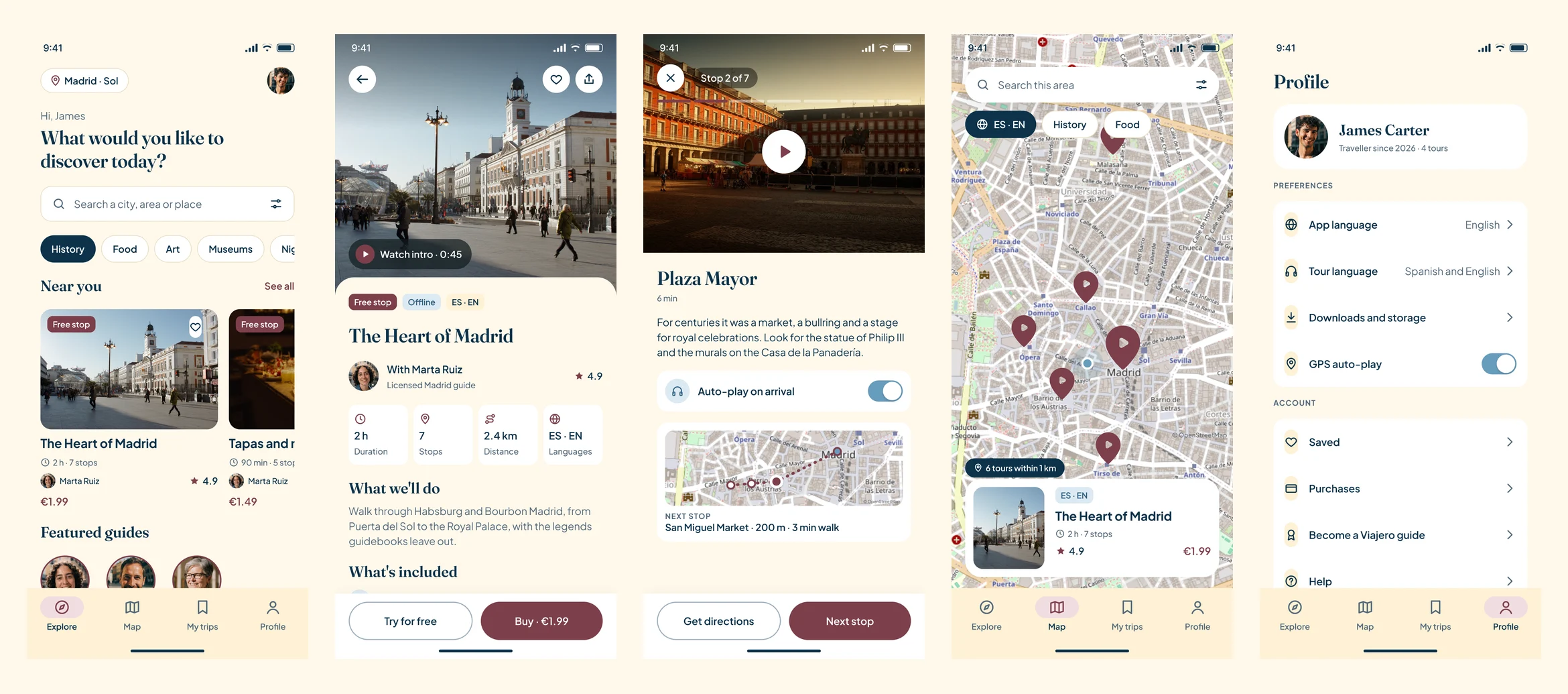 Five Android screens with Material 3: explore, tour page, tour in progress, map and profile