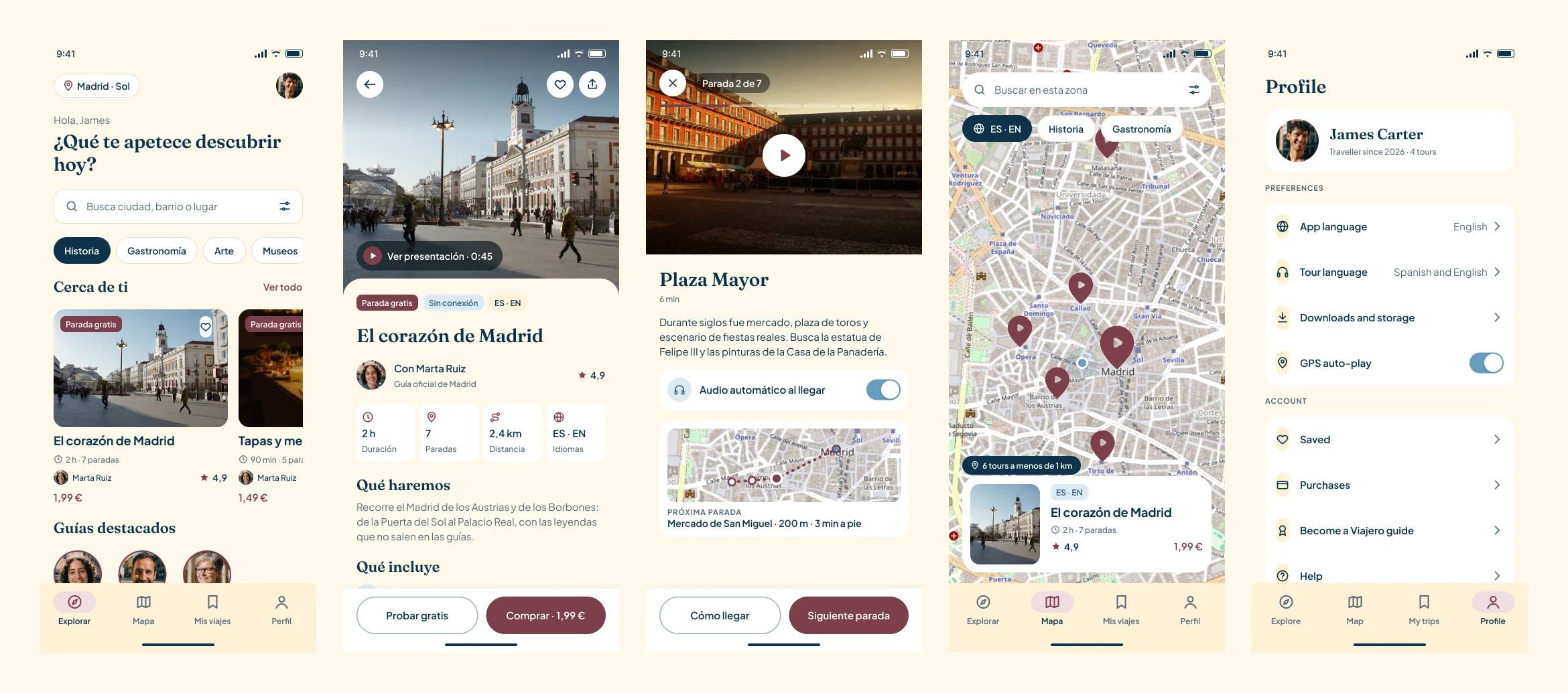 Cinco pantallas de Android con Material 3: explorar, ficha del tour, tour en curso, mapa y perfil