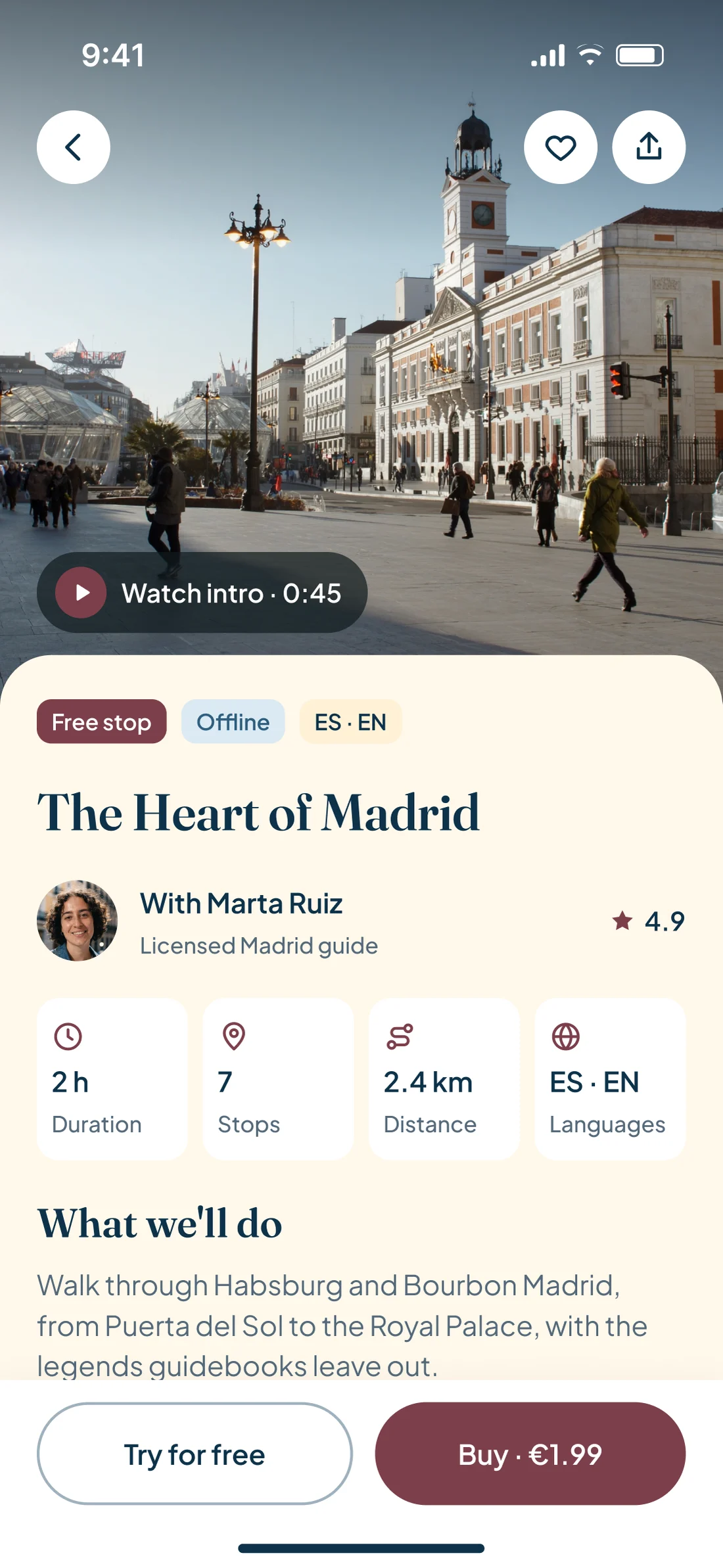 Tour page for The Heart of Madrid: the guide's video, duration, stops, distance, languages, what's included and the Try for free and Buy buttons