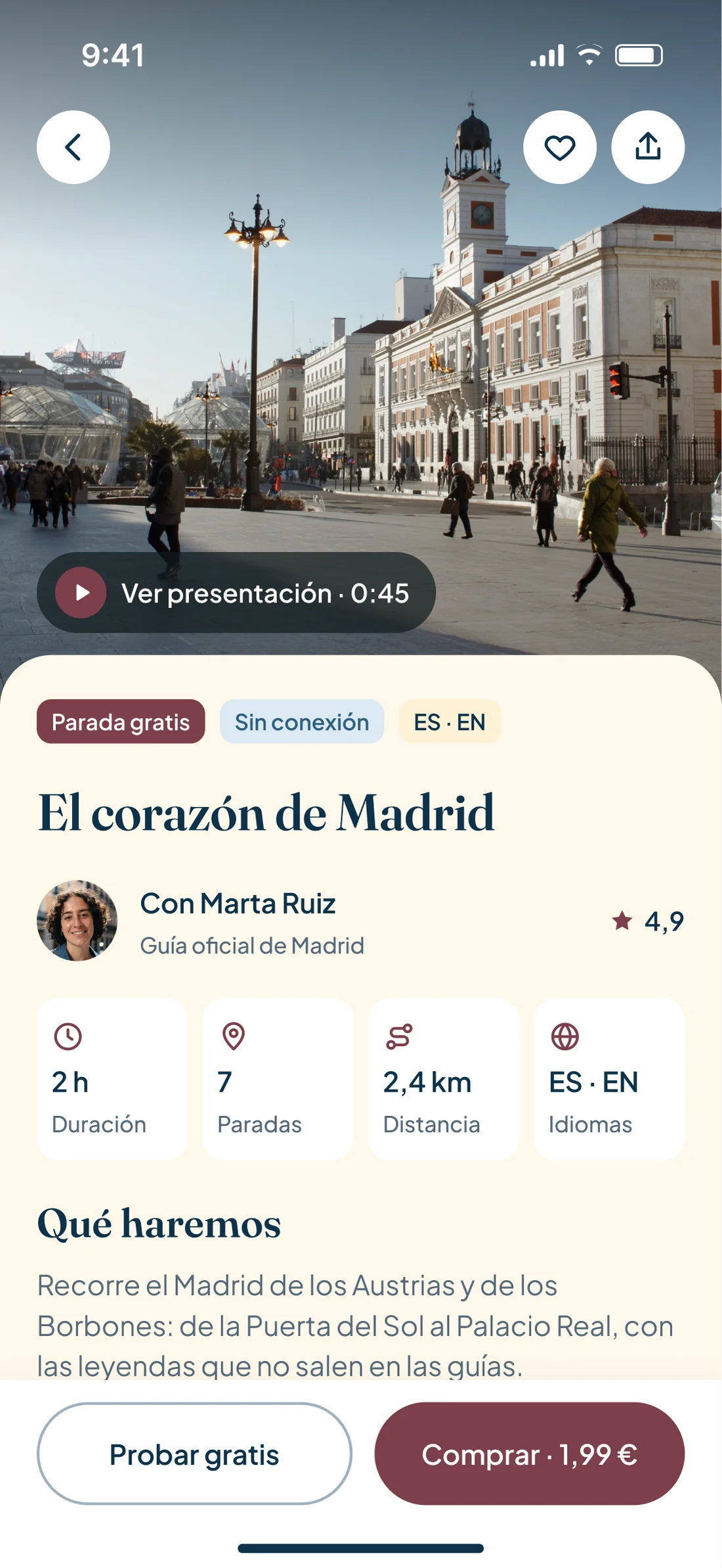 Ficha del tour El corazón de Madrid: vídeo del guía, duración, paradas, distancia, idiomas, qué incluye y los botones Probar gratis y Comprar