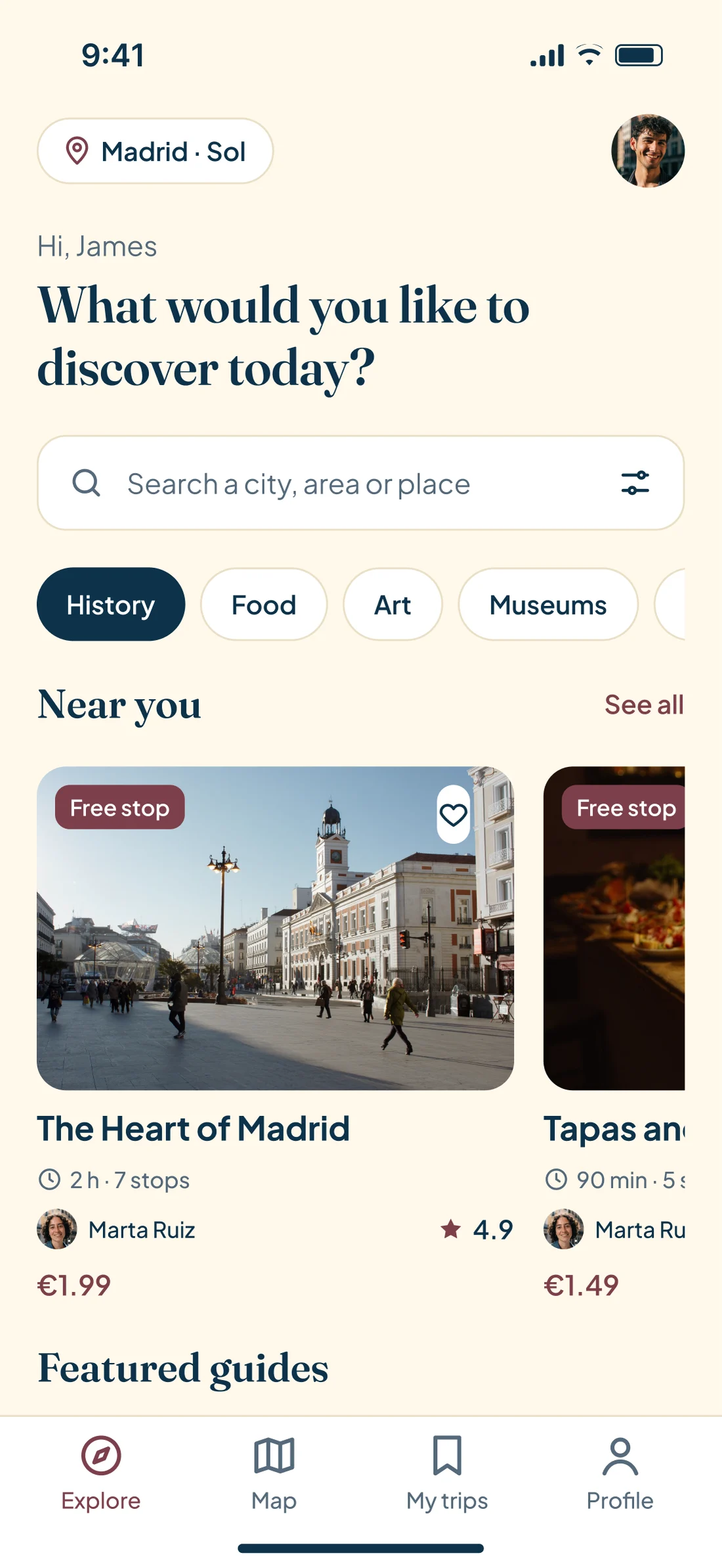 Explore: greeting, search, categories, tours near you with prices and featured guides