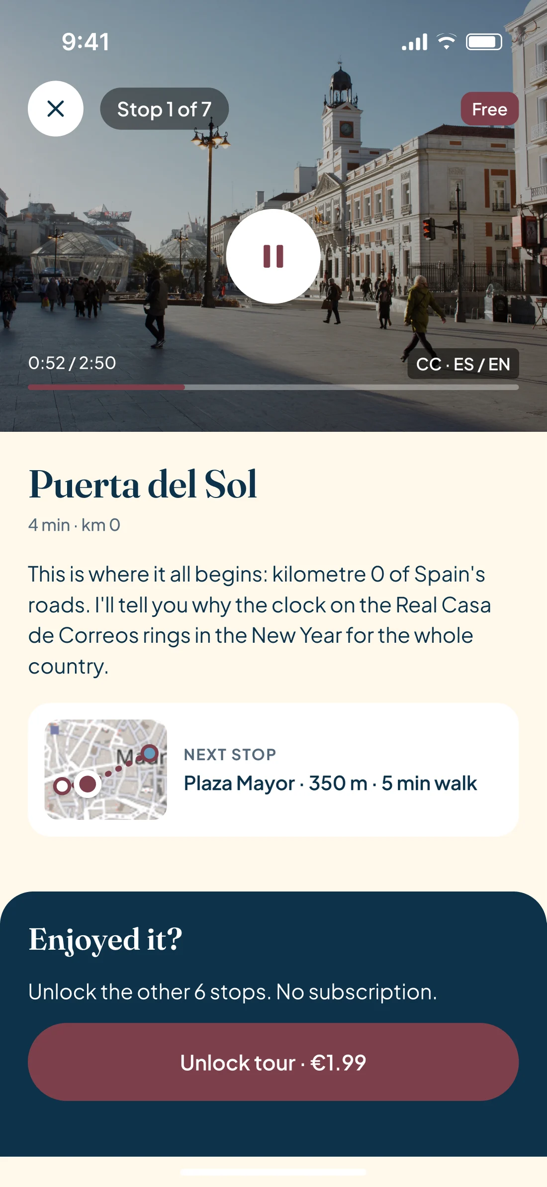 Free stop at Puerta del Sol: the guide's video, text, a map with the next stop and the €1.99 unlock