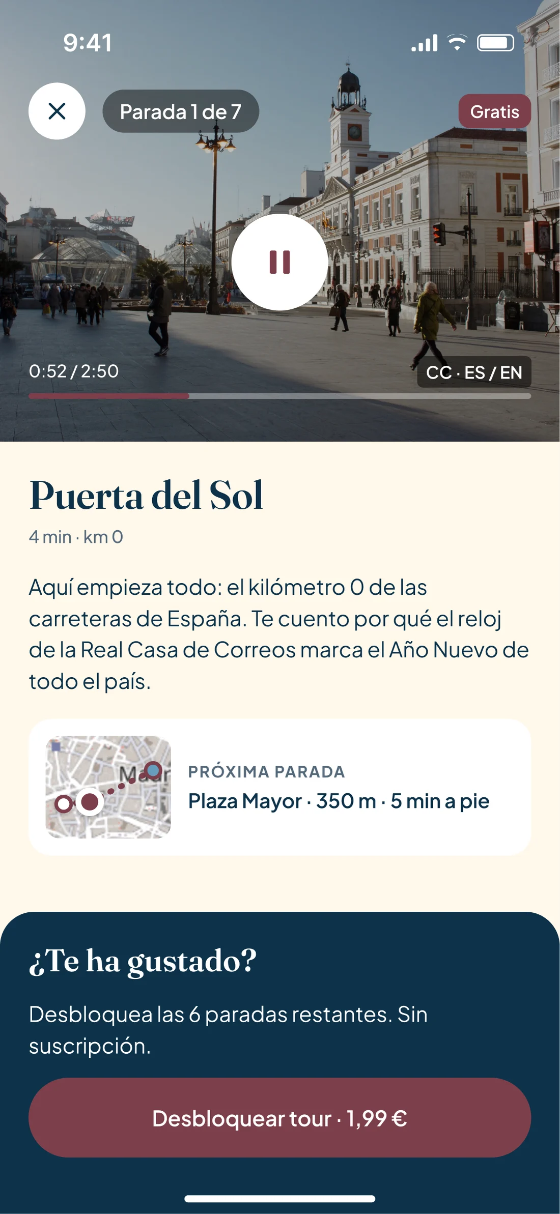 Parada gratis en la Puerta del Sol: vídeo de la guía, texto, mapa con la siguiente parada y el desbloqueo por 1,99 €