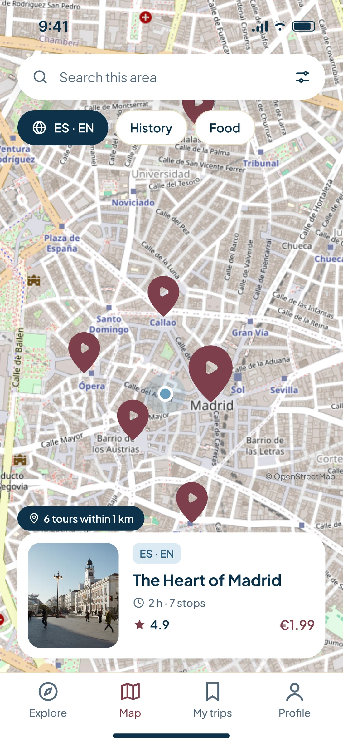 Real map of Madrid with pins for nearby tours, the list and map toggle and a tour card