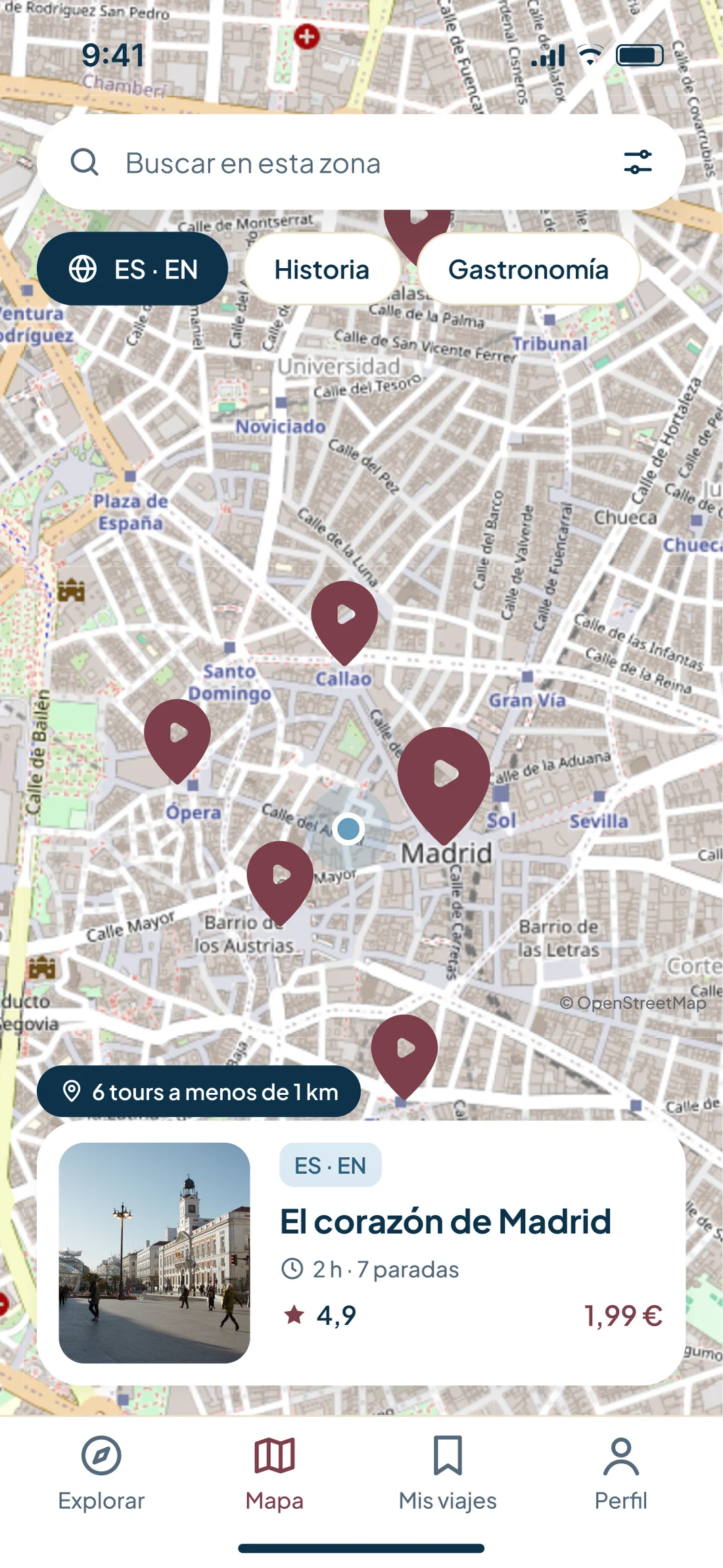 Mapa real de Madrid con los pines de los tours cercanos, el conmutador de lista y mapa y una tarjeta de tour