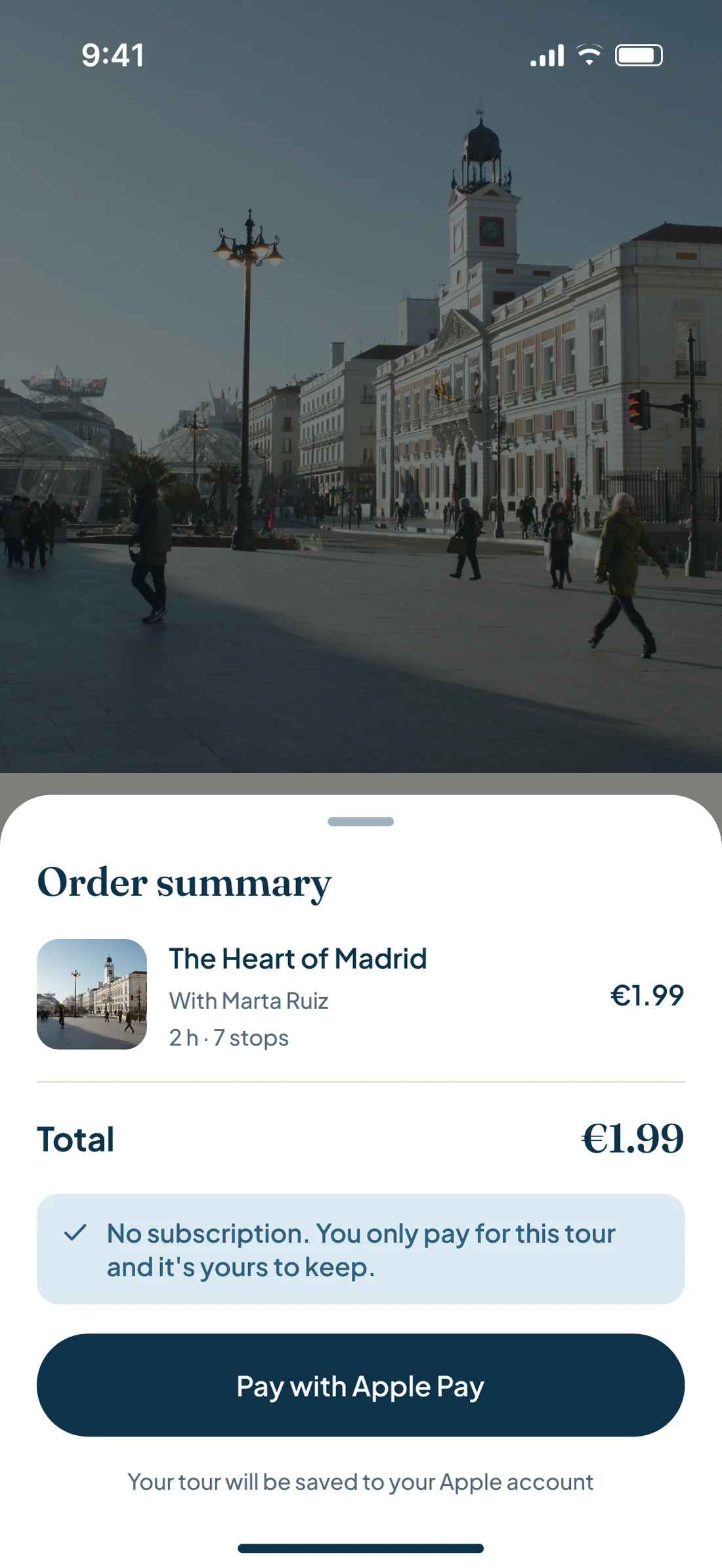 Native payment sheet with the order summary, the €1.99 total, the no-subscription note and the Apple Pay button