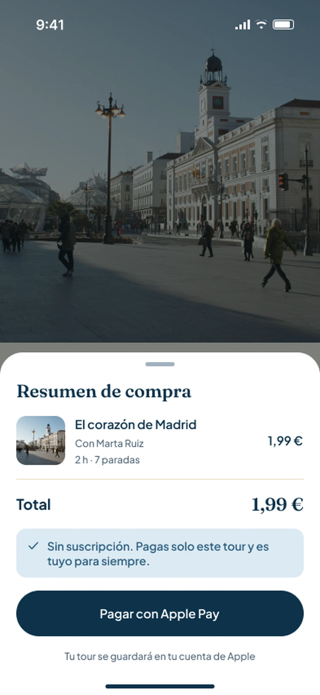 Hoja de pago nativa con el resumen de compra, el total de 1,99 €, la nota sin suscripción y el botón de Apple Pay