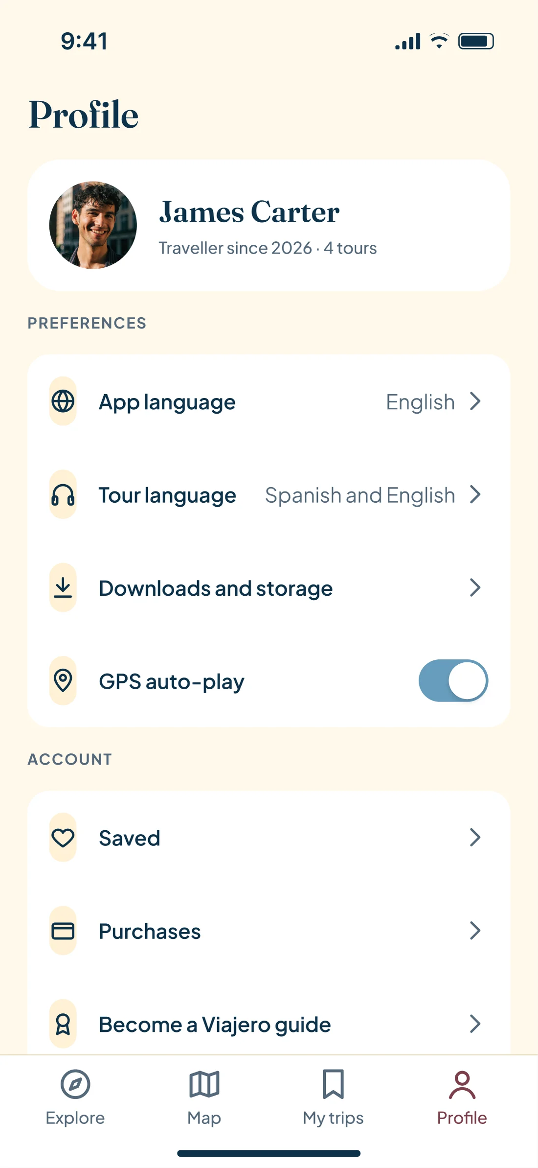 Perfil en inglés con las preferencias: idioma de la app, idioma de los tours, descargas y audio automático por GPS