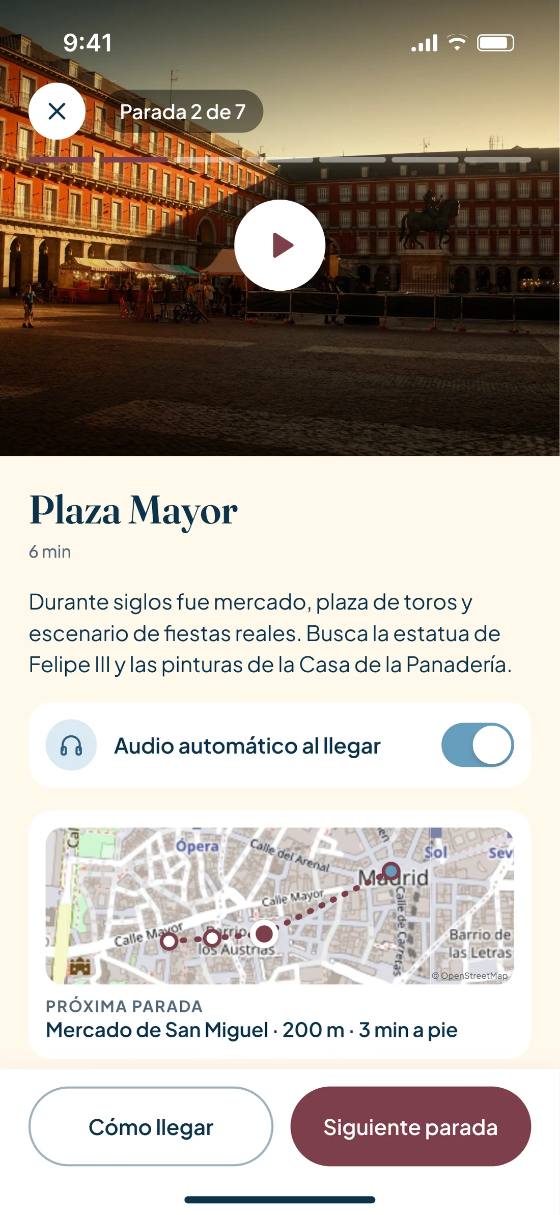 Tour en curso, parada 2 de 7 en la Plaza Mayor: vídeo, texto, audio automático al llegar y mapa real con la siguiente parada