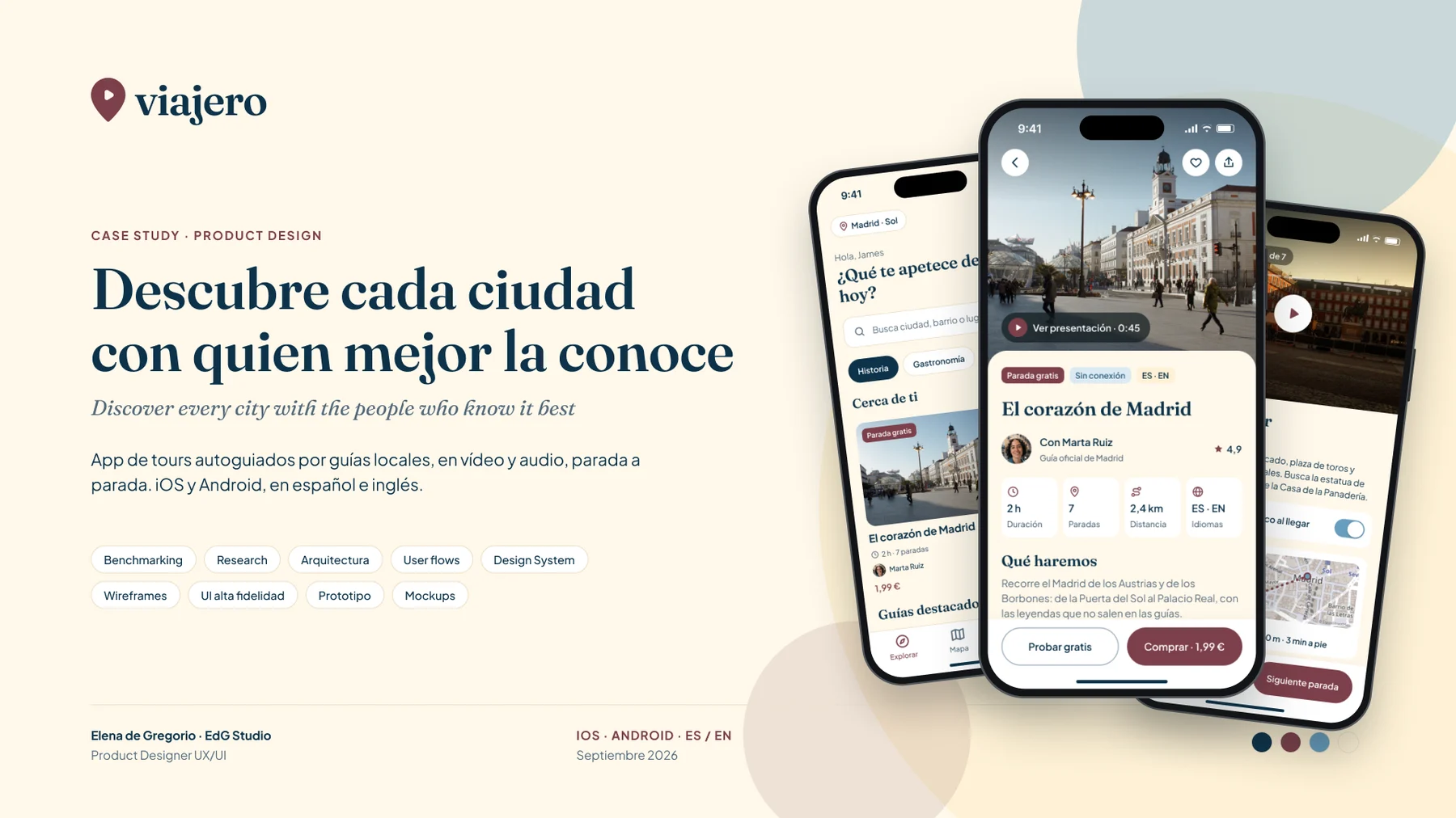 Portada de Viajero: el logotipo y tres iPhone con las pantallas de explorar y la ficha del tour