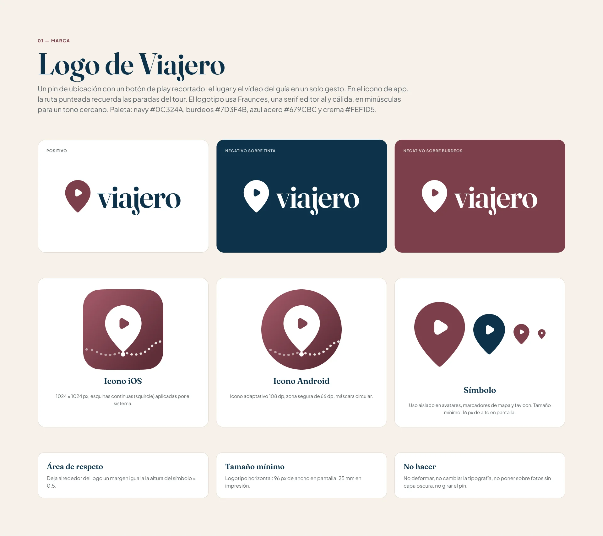 Tablero de marca: el logotipo horizontal en color, sobre navy y sobre burdeos, los iconos de iOS y Android, el símbolo, el área de respeto y el tamaño mínimo