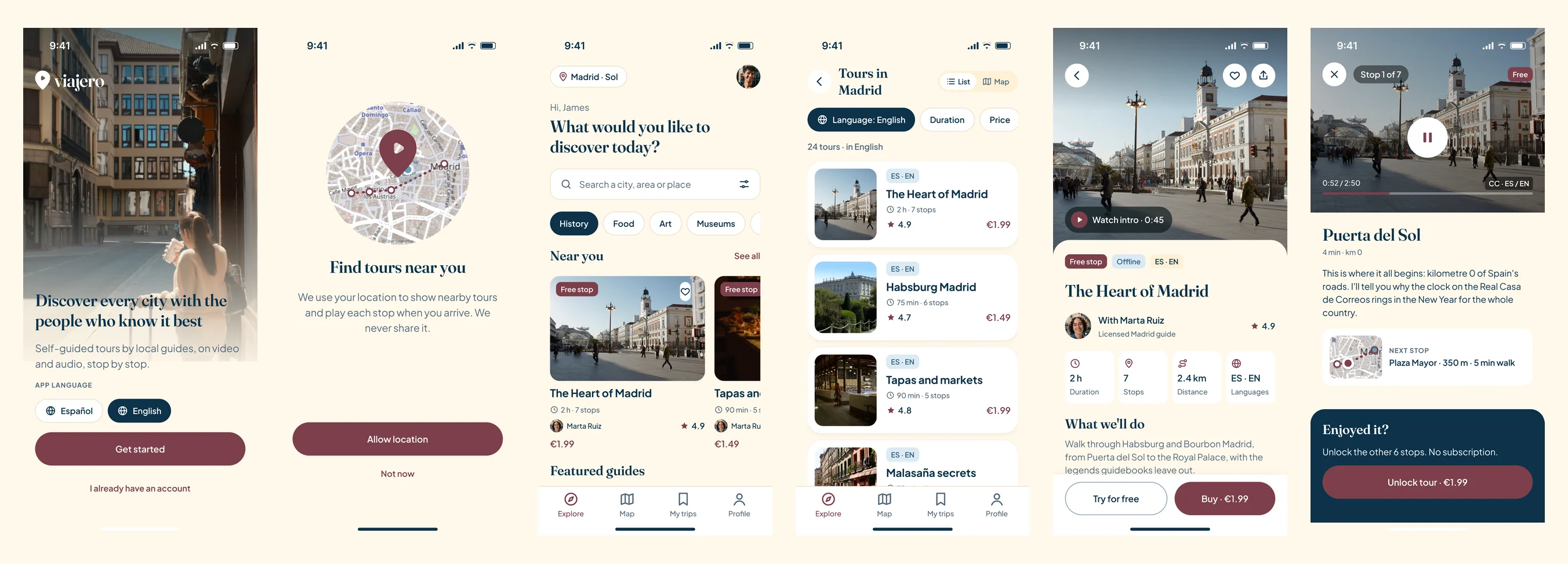 Onboarding with the language picker, location permission explained, explore, results, tour page and free stop