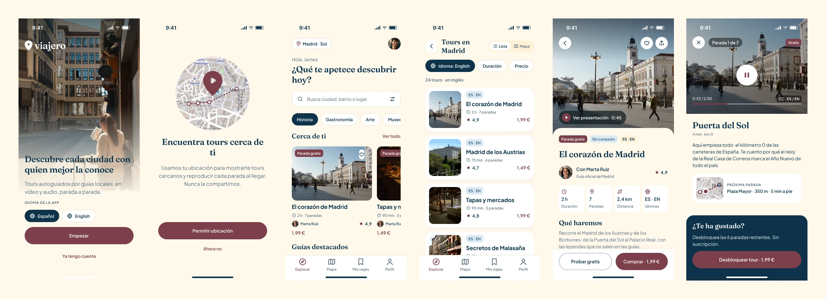 Onboarding con selector de idioma, permiso de ubicación explicado, explorar, resultados, ficha del tour y parada gratis
