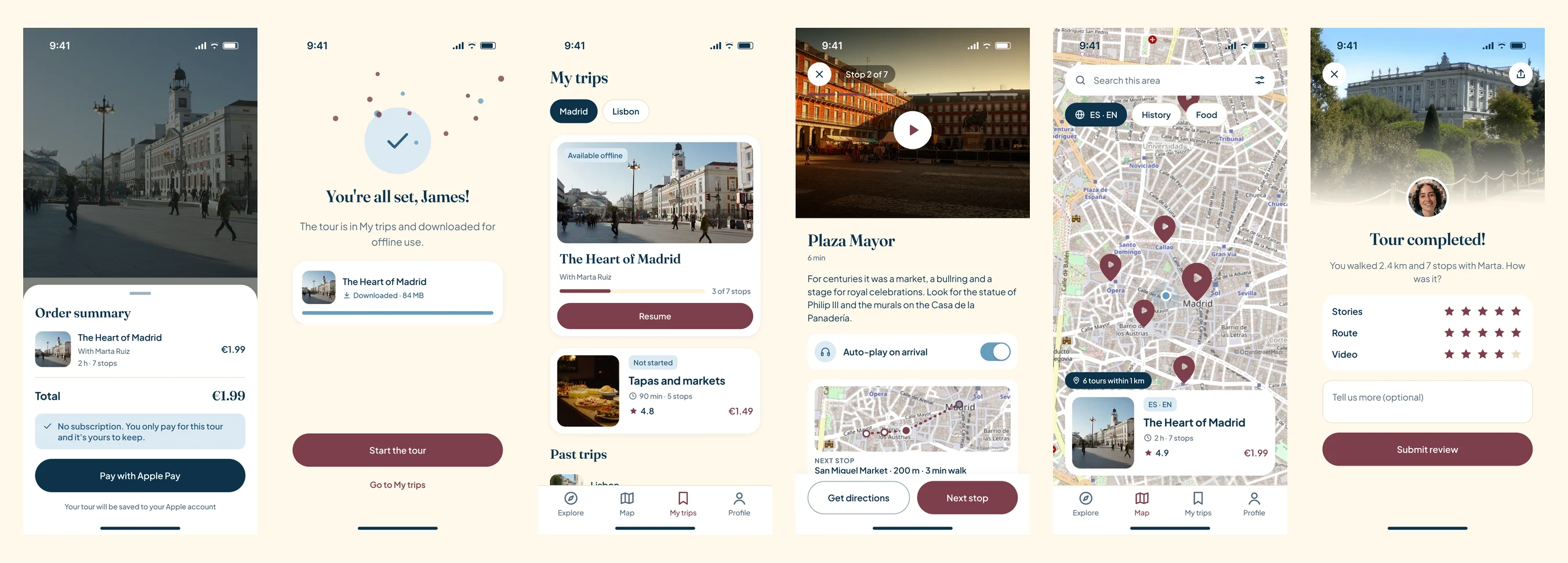 Payment, confirmation with the download, My trips, tour in progress at Plaza Mayor, map with nearby tours and tour completed with the rating