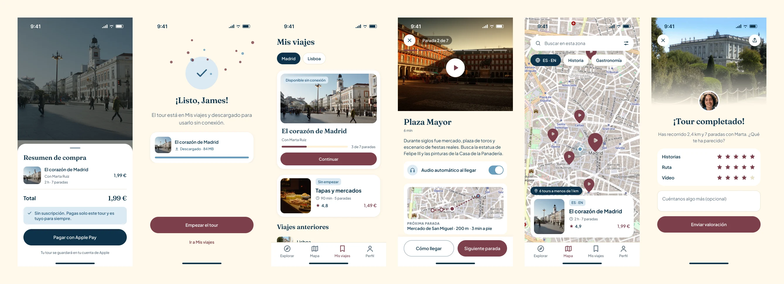 Pago, confirmación con la descarga, Mis viajes, tour en curso en la Plaza Mayor, mapa con los tours cercanos y tour completado con la valoración
