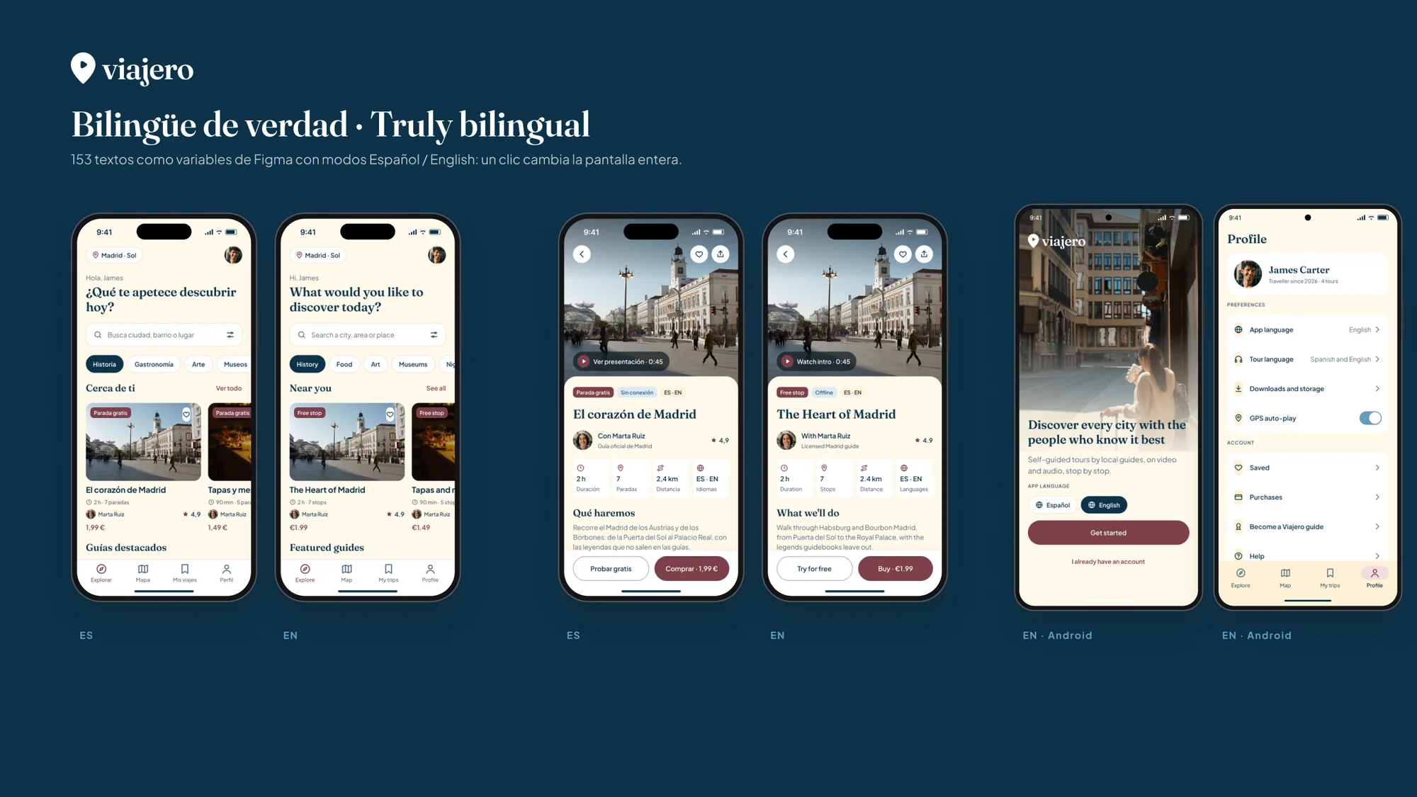Tablero bilingüe: las mismas pantallas en español y en inglés, en iPhone y en Android, sobre fondo navy